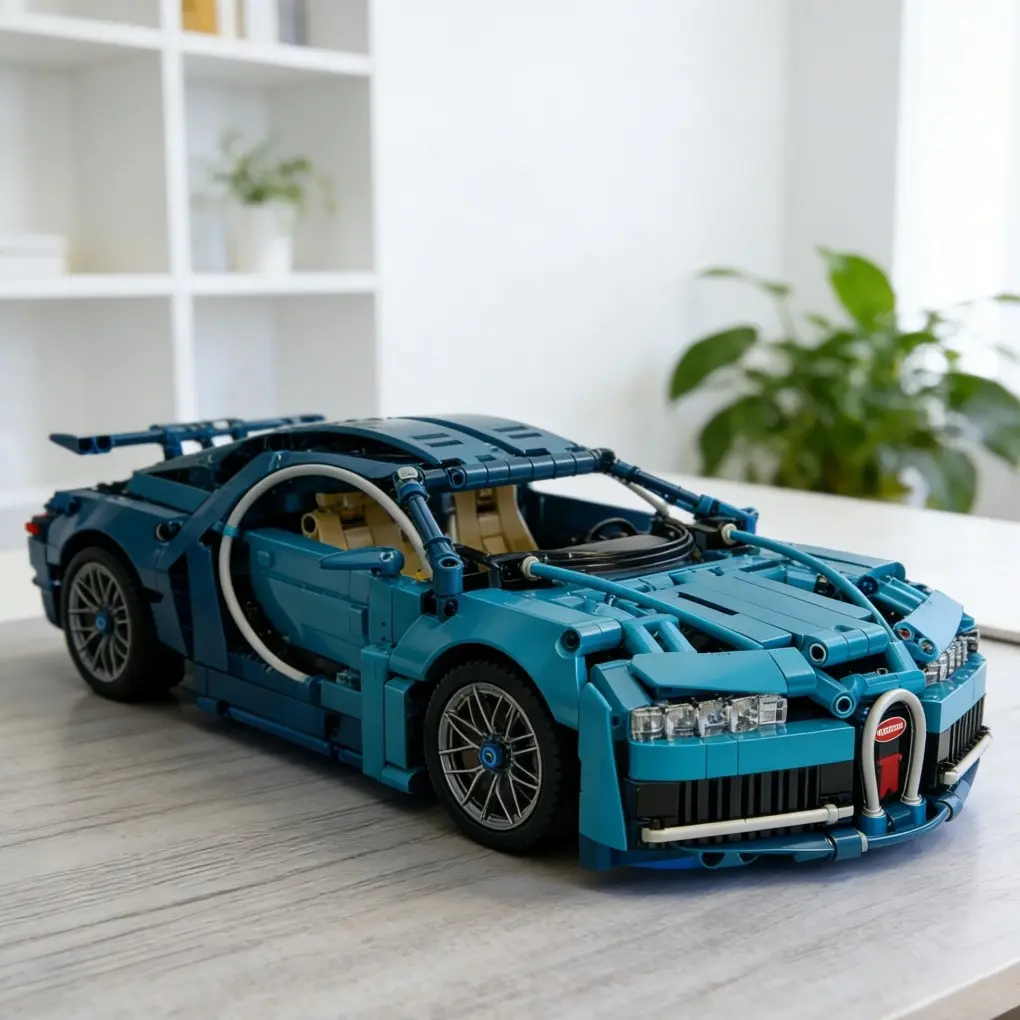 Mechanical Transmission Lake Blue Supercar Model, Manual Door Lift, Adjustable Suspension and Steering, Moderate Assembly Difficulty