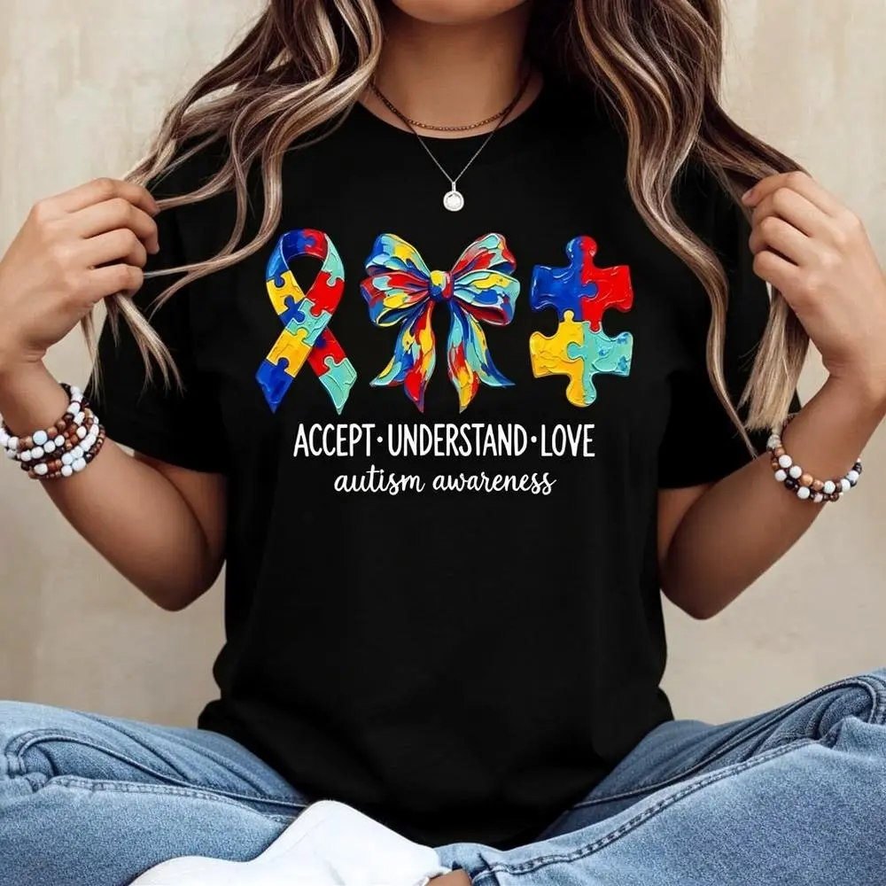 Unisex Autism Awareness T-Shirt with Puzzle Ribbon Graphics, Sporty 100% Cotton Shortsleeve Tee for All-Day Support, Customized, Knitted, Streetwear, Breathable