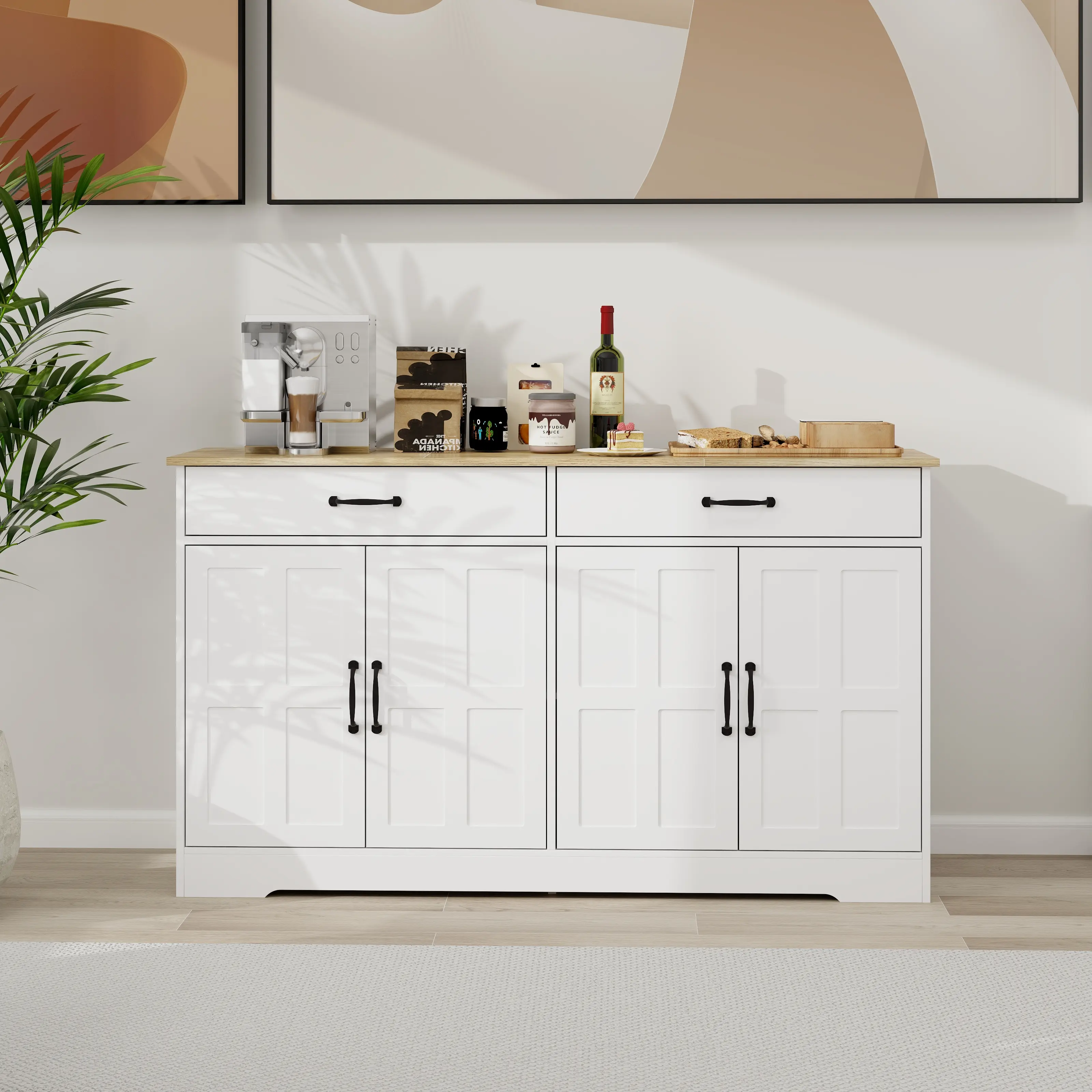 55.91 Inches Wide Rectangular Wood Farmhouse Buffet Cabinet - Single Unit Sideboard with 2 Drawers, 4 Doors & Shelves, White Indoor Storage Credenza for Dining Room, Living Room, Assembly Required