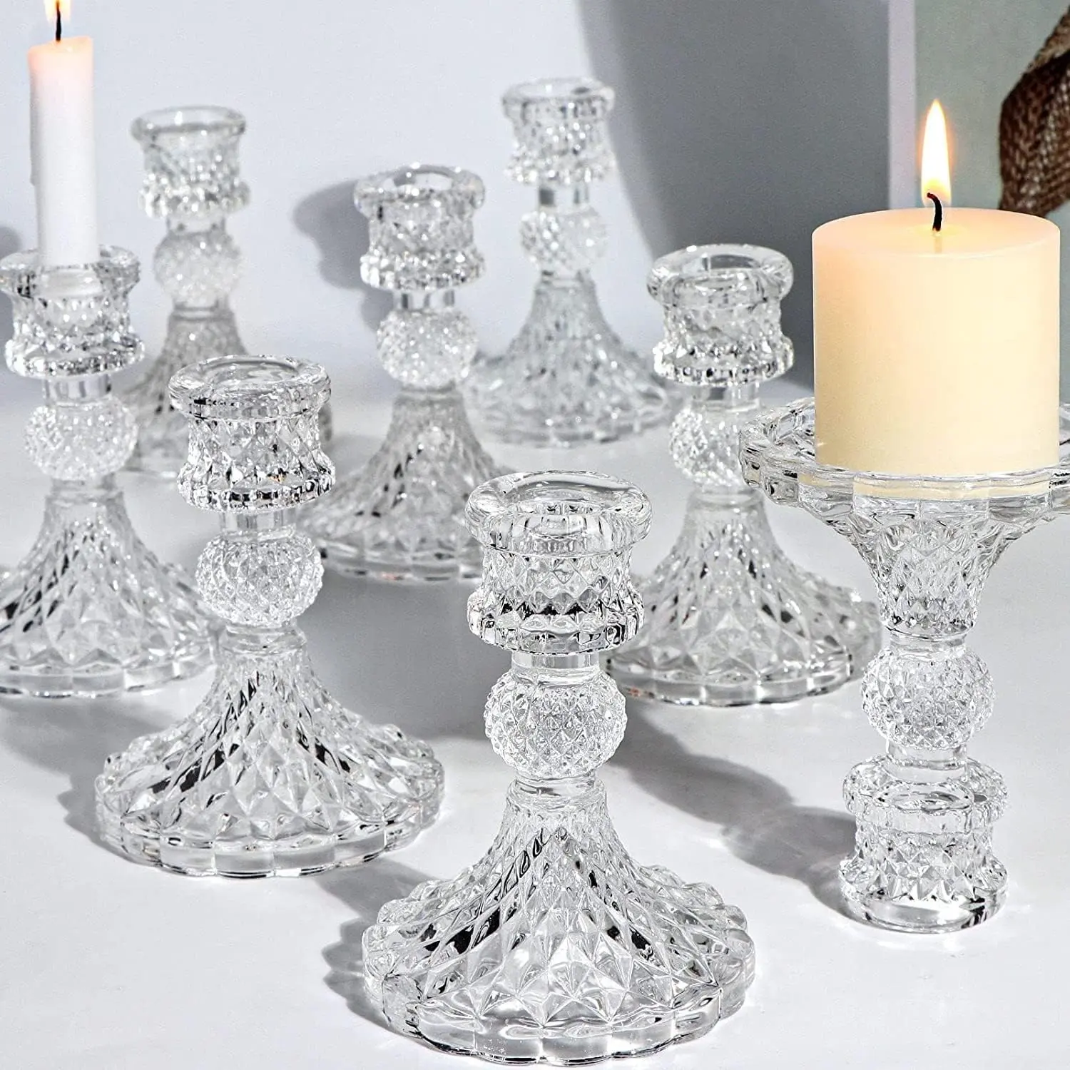 Set of 12 Clear Glass Taper Candle Holders, 4 Inch Tall - Bulk Candlestick Holders for Wedding, Spring Party, Romantic Dinner, Festival & Windowsill DecorGift