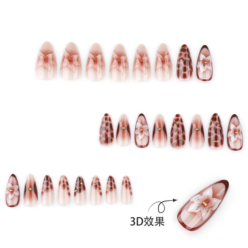 European and American Hot-Selling Marble Crack Wearable Nails Medium Short Almond Fake Nails 3D Flower Wearable Nail Tips Wholesale