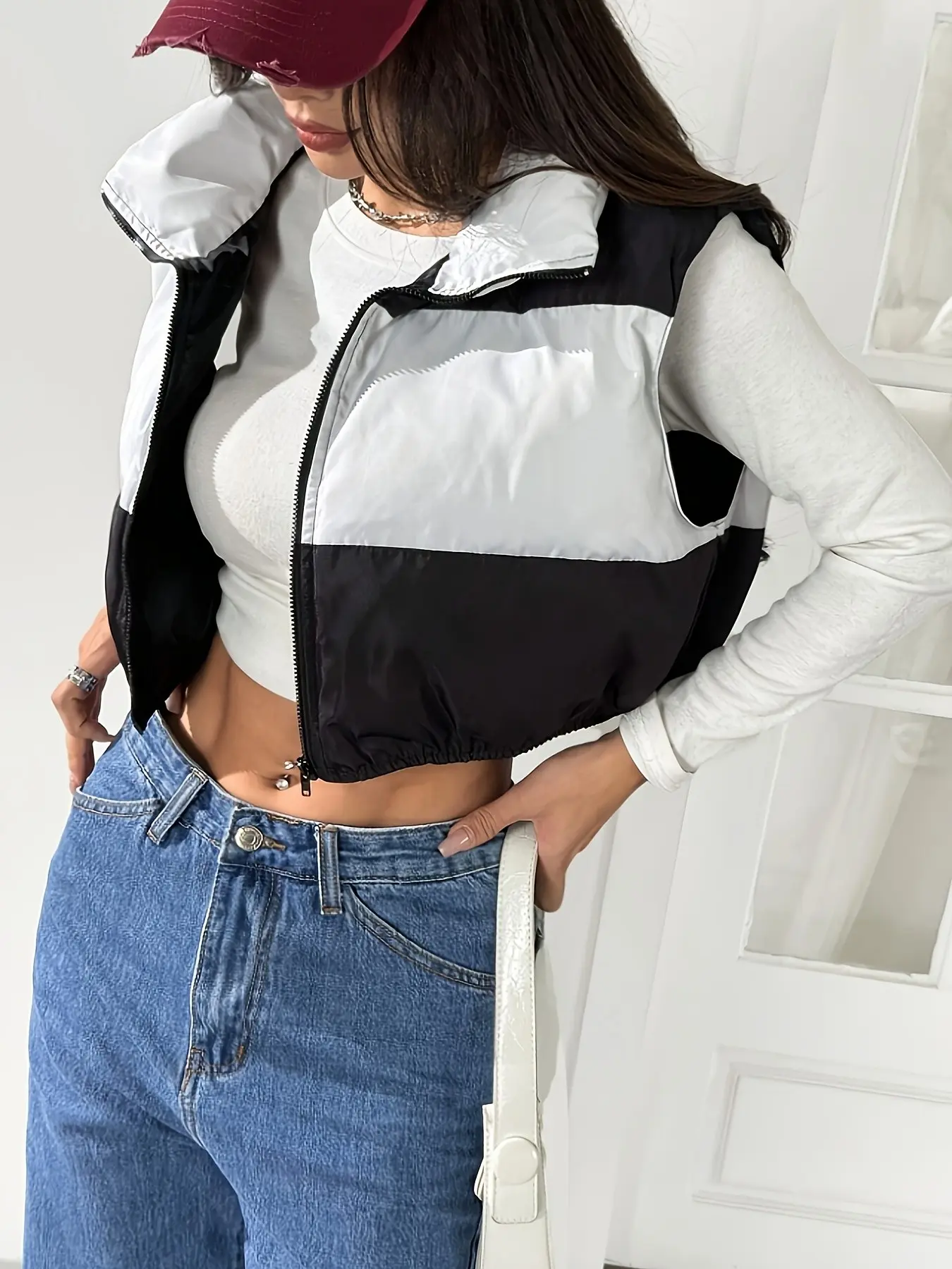 2026 New Fashion Casual Streetwear Loose Stand Collar Sleeveless Patchwork Vest Jacket for Women, All Seasons Short Length