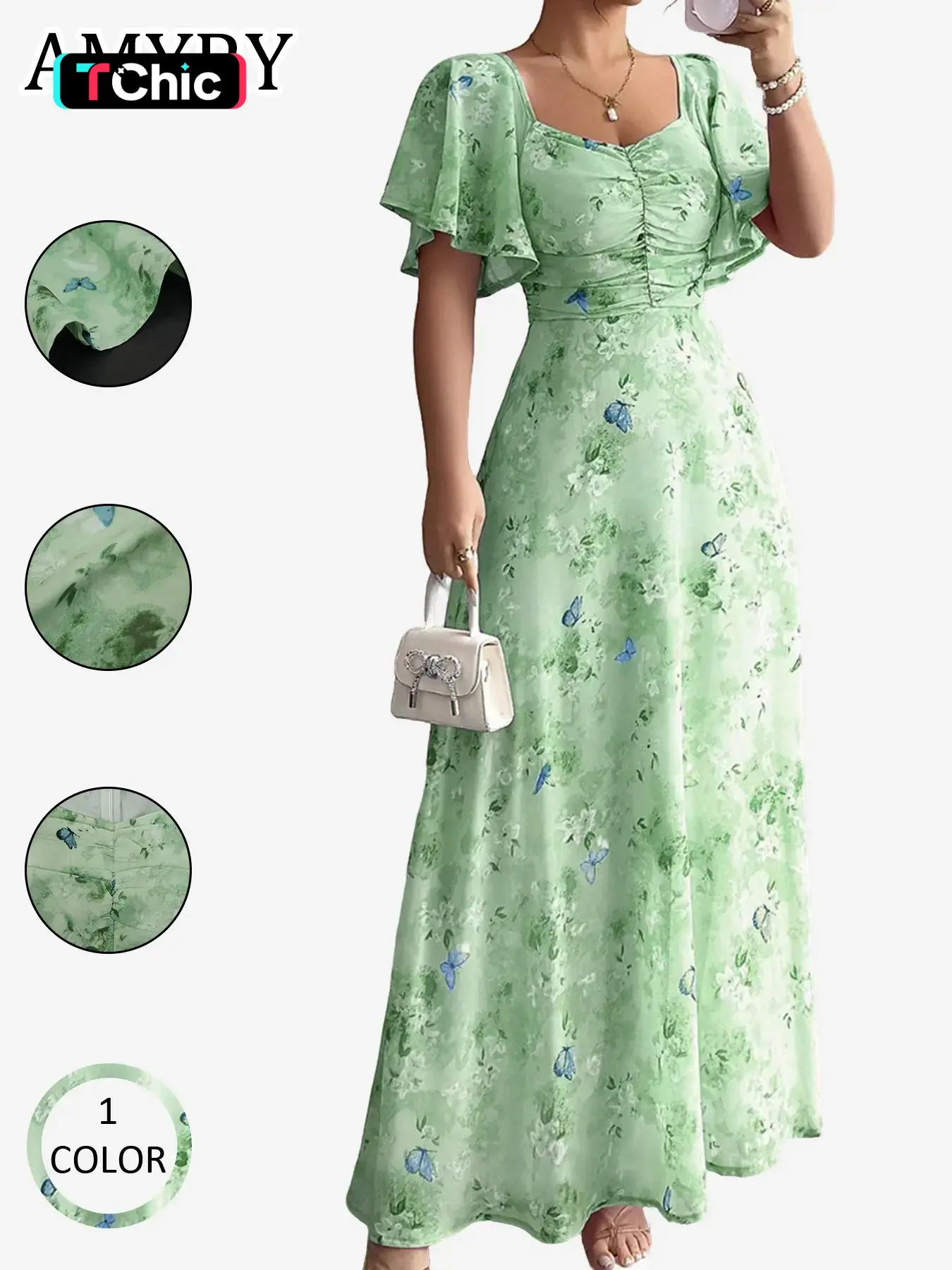 2026 Summer New European and American Style Casual Boho Chic Women's Ruffle Sleeve Butterfly Print Slim Fit Breathable Elegant Beachy Style Dress, Fashionable and Stylish Clothing, Casual Wear, Bohemian Daily Wear, Womenswear