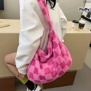 Plaid Fluffy Faux Fur Tote Bag for Women, Soft Large Capacity Crossbody Purse, Lightweight Versatile Casual Handbag, Ideal Holiday Gift