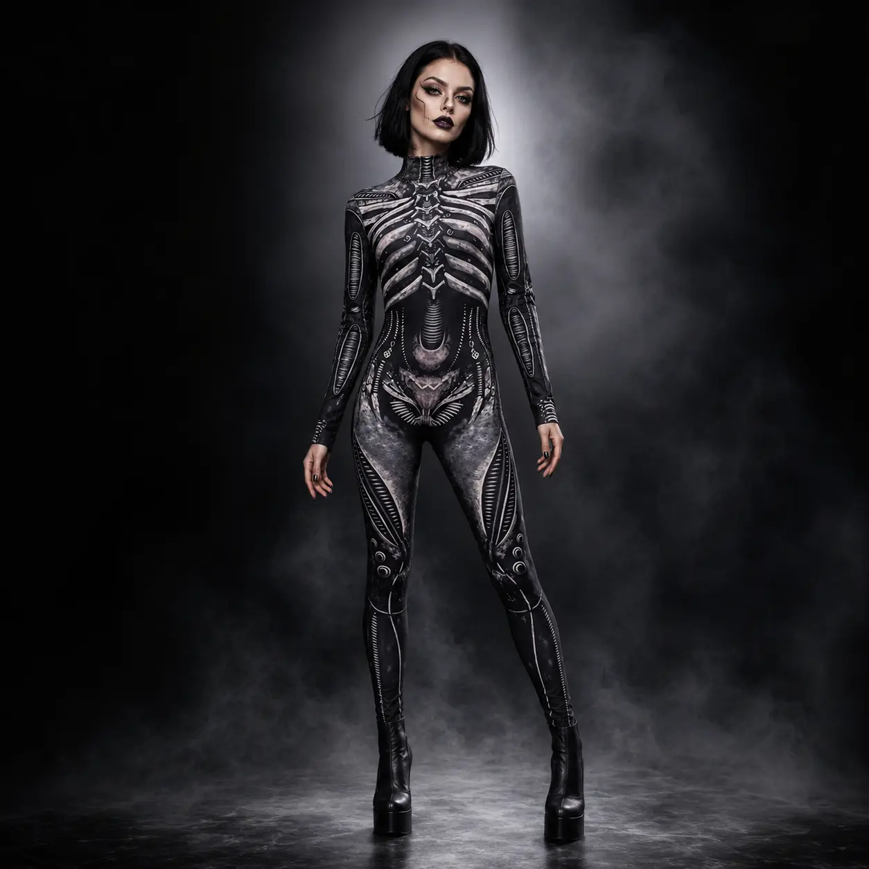 Women’s Halloween Skeleton Print Jumpsuit, Gothic Long Sleeve Mock Neck Full Body Costume, Black Anatomical Graphic Bodysuit for Cosplay, Halloween Parties, Haunted House Events and
