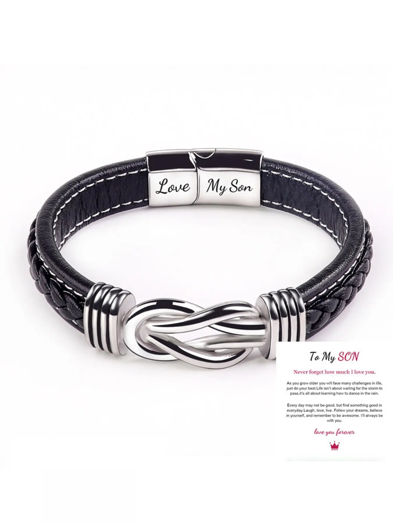 To My Son Infinity Knot Bracelet, Forever Linked Together Leather & Stainless Steel Engraved Jewelry from Mom for Birthday Christmas