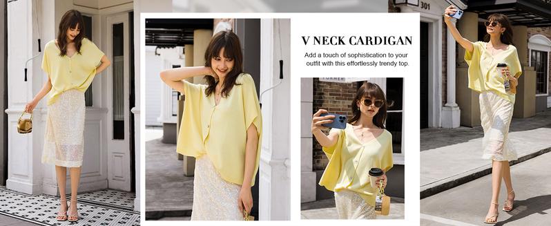 Saodimallsu Womens Fall Oversized Cardigans Batwing Short Sleeve Lightweight Button V Neck Casual Knit Sweater Tops