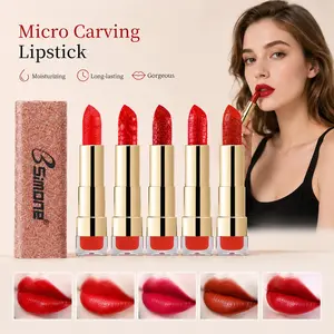 5Pcs Fashion Carved Pearlescent Lipstick, High-Saturation Red Tone Highly Pigmented Lip Color, Infused With Metallic Glitter Shimmer Finish, Hydrating & Moisturizing, Creates Luminous Atmosphere Lip Makeup