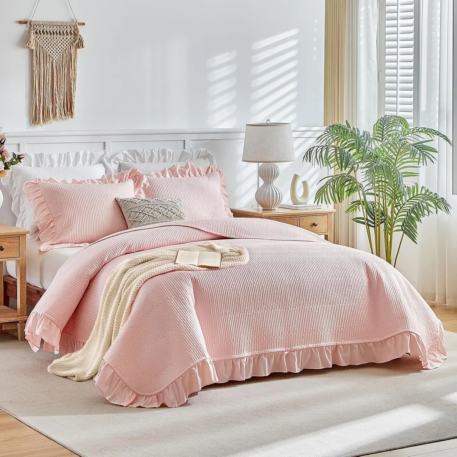 Pink Ruffle Quilt Set Full/Queen Size, 3 Pieces Shabby Chic Farmhouse Striped Bedspread Coverlet Set, Solid Lightweight Soft Microfiber Bed Cover for All Season (1 Ruffled Quilt + 2 Pillow Shams)