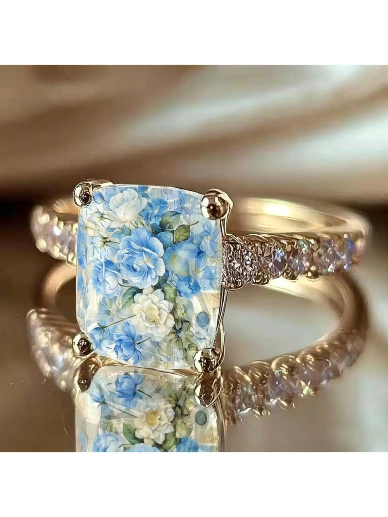 Blue and white rose square ring with spring fresh floral pattern - a small, gentle style ring for daily wear, creating an atmosphere of elegance, Jewelry Rings