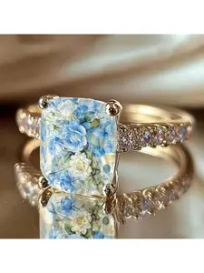 Blue and white rose square ring with spring fresh floral pattern - a small, gentle style ring for daily wear, creating an atmosphere of elegance, Jewelry Rings
