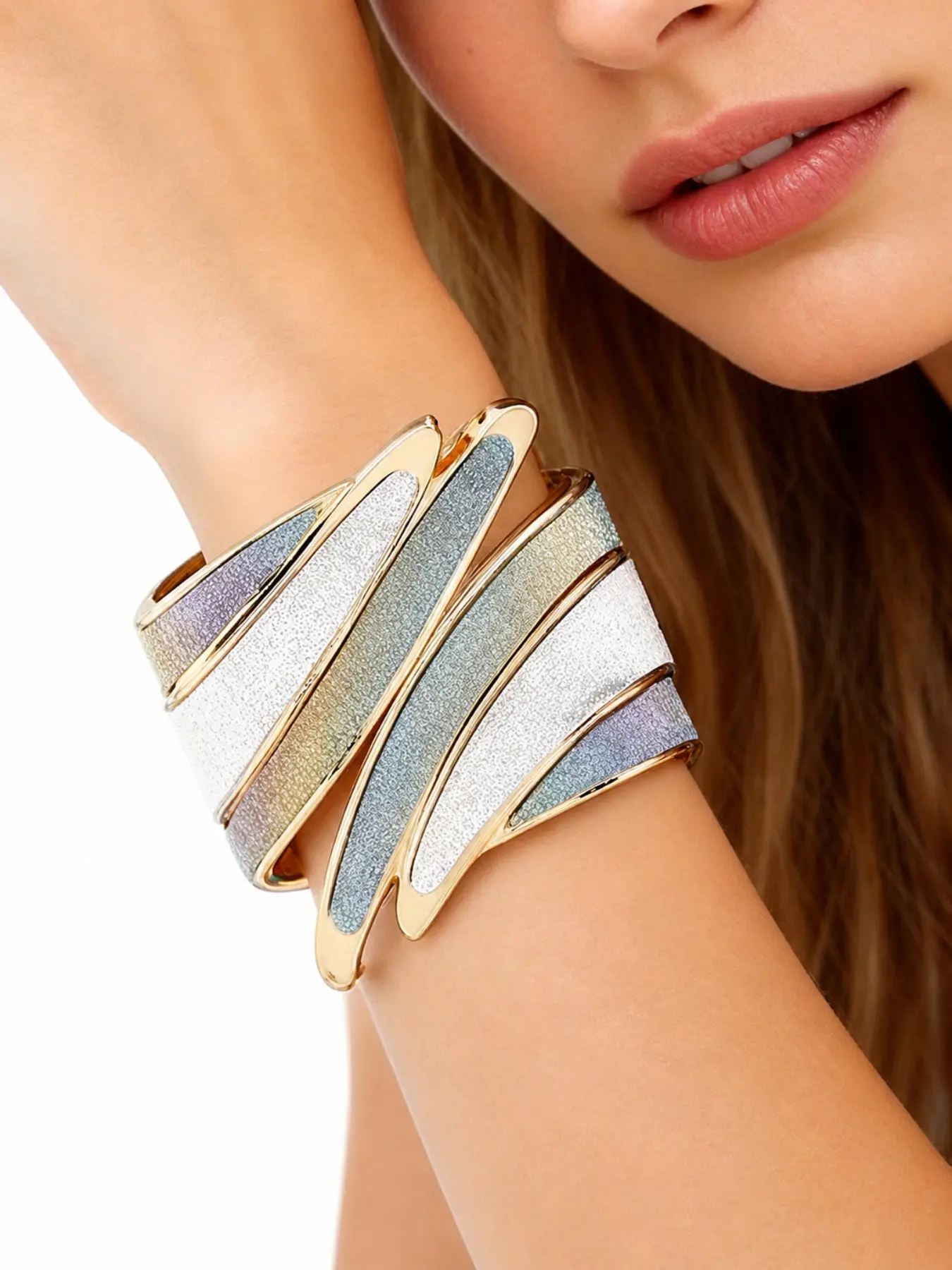 1 Pc Gold Pastel Rainbow Glitter Hinged Bangle Bracelet for Women, Chunky Frosted Abstract Wing Wave Wide Cuff Wristband, Y2K Festival Party Evening Accessories