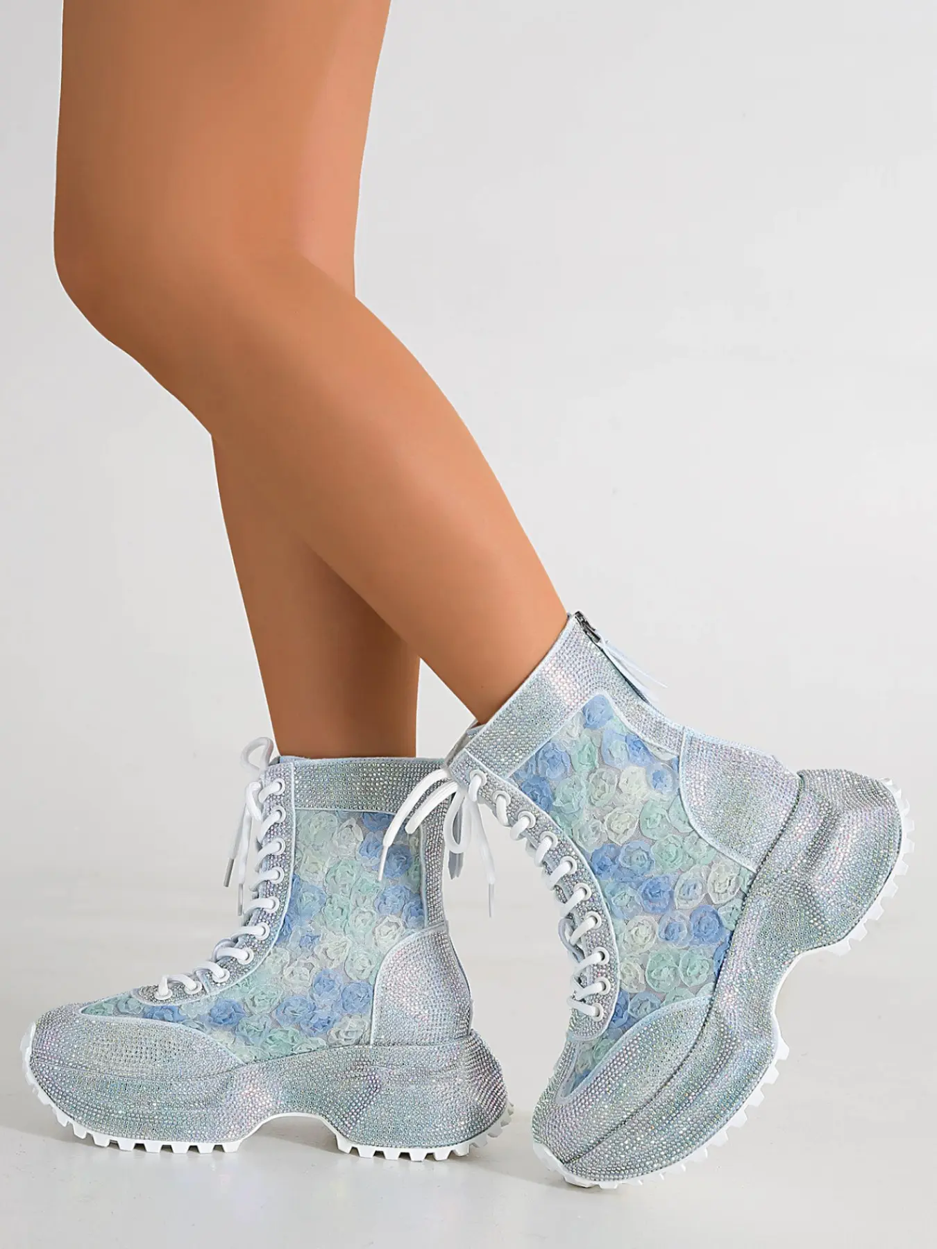 Trendy Fairy Style Hollow Out Mesh Short Boots for Women, Rhinestones, Thick Sole, Back Zipper, Breathable High Top Shoes