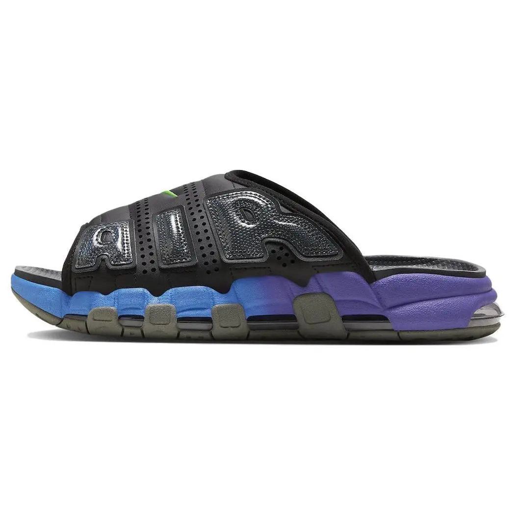 Nike Air More Uptempo Comfort Slide Sandals for Men and Women in Black and Blue Verifiable, with credentials and supporting global authentication