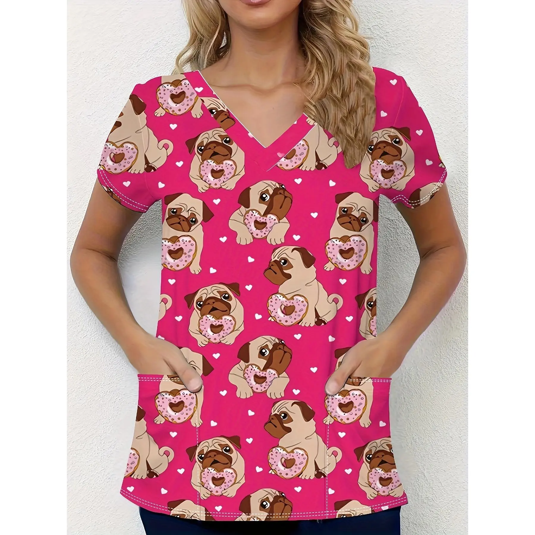 Elegant Women'S Fashion 3D Animal Print T-Shirt with a Casual V-Neck And Double Pockets, Suitable for Nurses