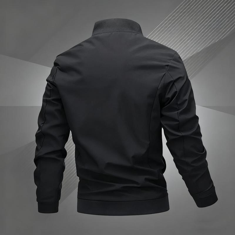 Men's Regular Fit Letter Embroidered Zip Up Pilot Jacket, Autumn Winter Casual Long Sleeve Windproof Baseball Collar Coat, Men's Everyday Wear, Men's Jacket, Black Casual Outdoor Jacket, Suitable for Work, Travel, and Daily Use Machine Washable Polyeste
