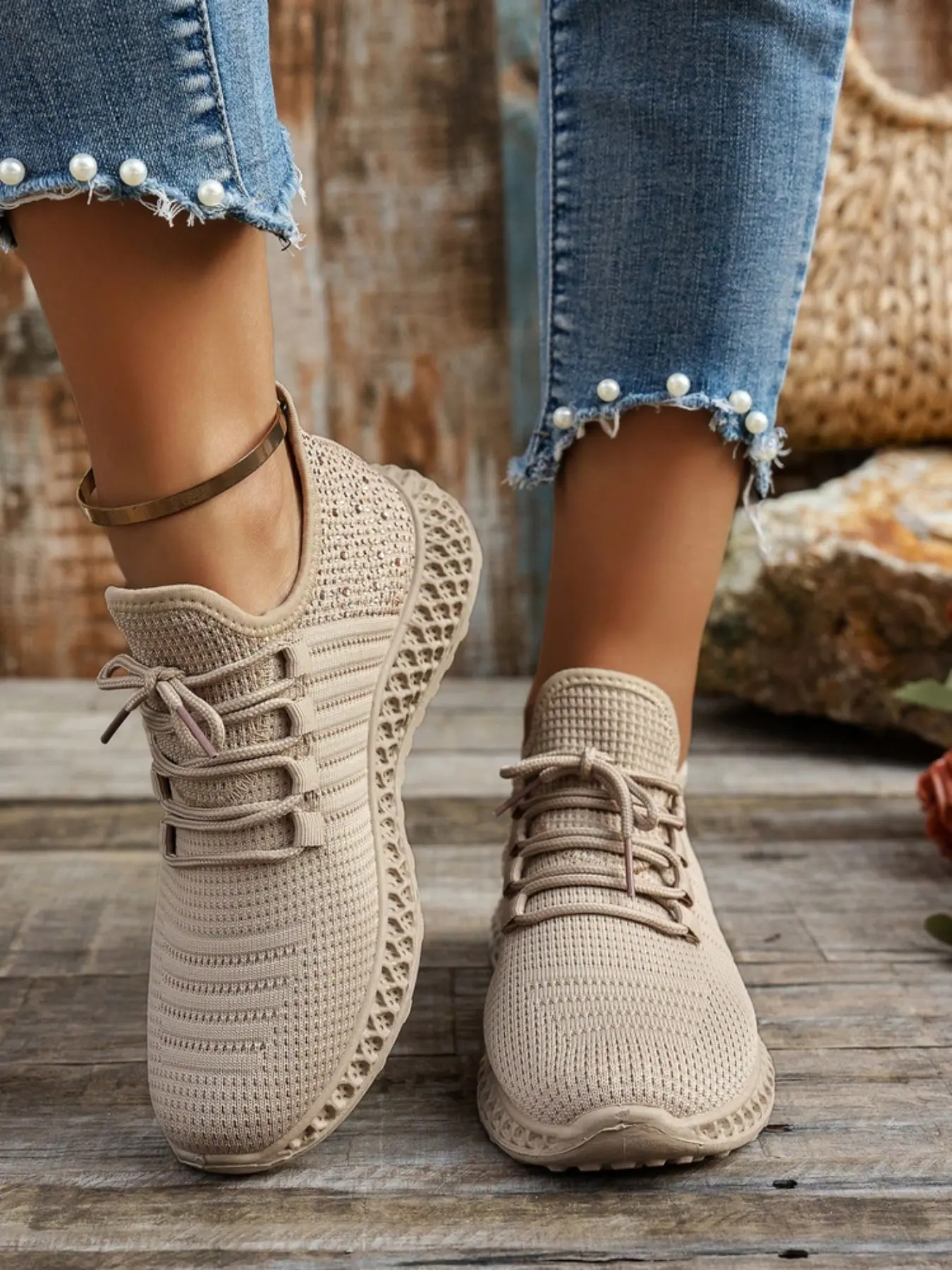 Return-To-School Plain Knit Mesh Casual Women's Shoes, Elastic Anklet Laces, Lightweight Shock Absorption, Breathable Soft Sole, Anti-Slip Daily Running