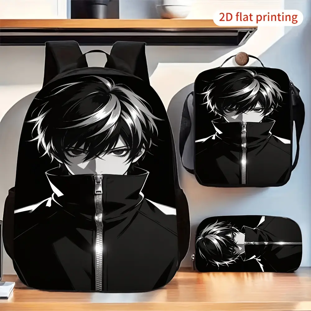 3pcs Backpack Set Cool Black White Anime Boy Print Daily Backpack with Crossbody Bag and Pencil Case Fashion Large Capacity Backpack Set for Daily Use Travel Commuting Shopping Outing bookbag