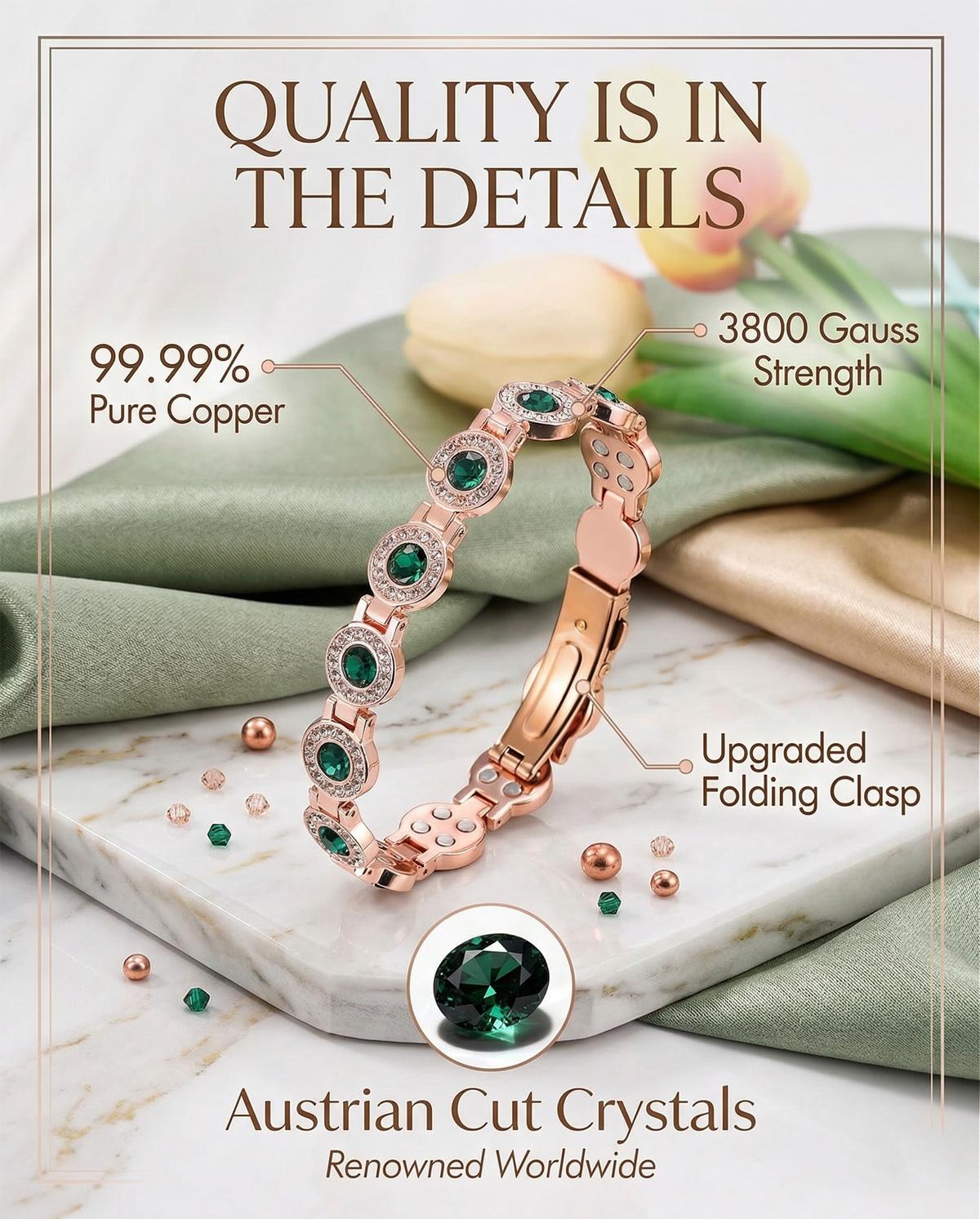 Magnetic Copper Bracelets for Women, 4X Strength 3800 Gauss Magnets, Adjustable Bracelet with Secure Clasp and Premium Multi-Facet Crystal Inlays