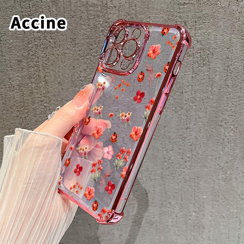 Floral Ladybug Symphony Pattern Four Corner Anti-Fall Phone Case Transparent Electroplated Protective Cover for iPhone 16 Pro Max 15 Plus 14 13 12 11 E