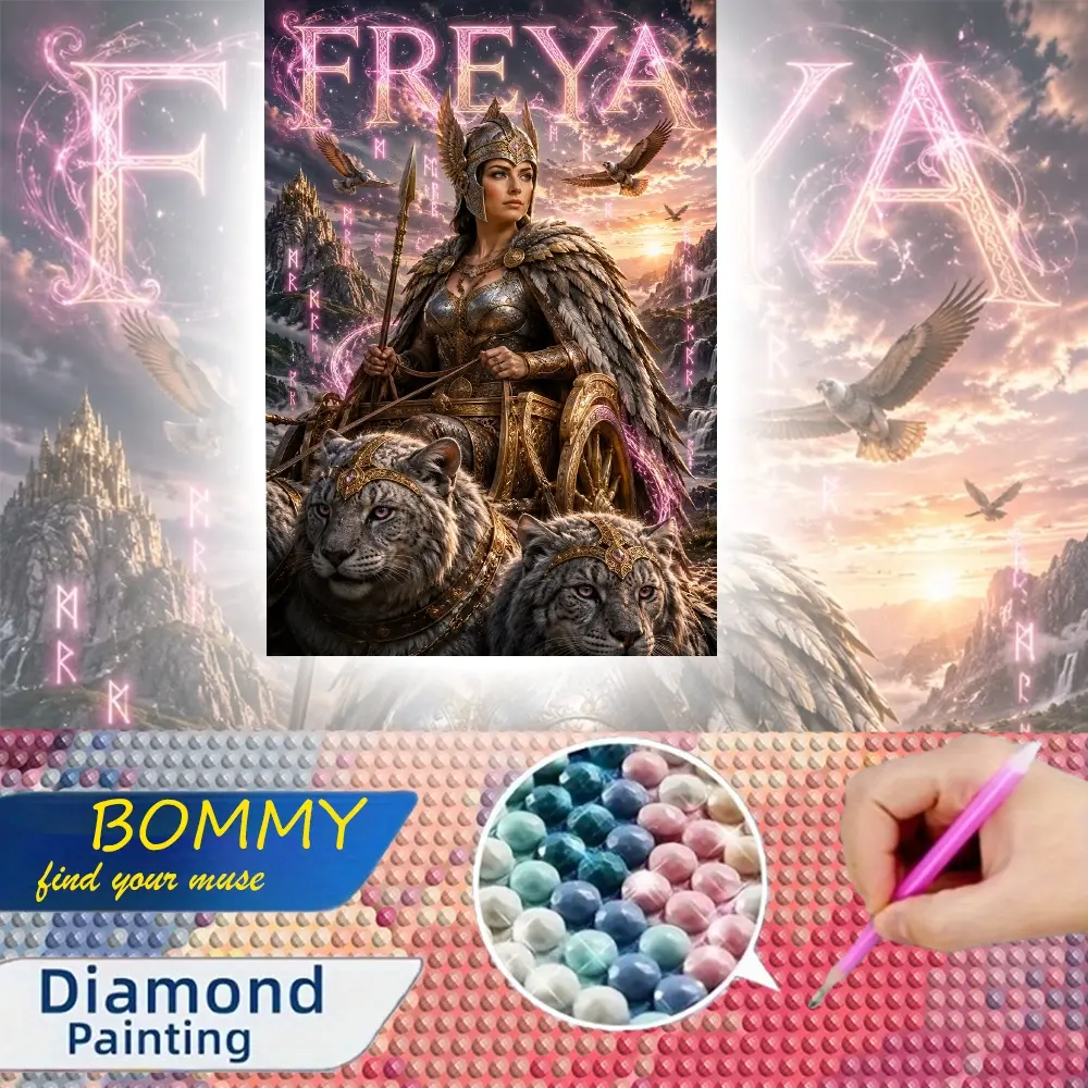 A 2D Flat Unframed Handmade DIY Diamond Painting Kit - Norse Mythology Freya Theme with Divine White Tigers, Full Drill High-Definition Pattern, Perfect for Home Decor, Mythology Enthusiasts & Art Collectors