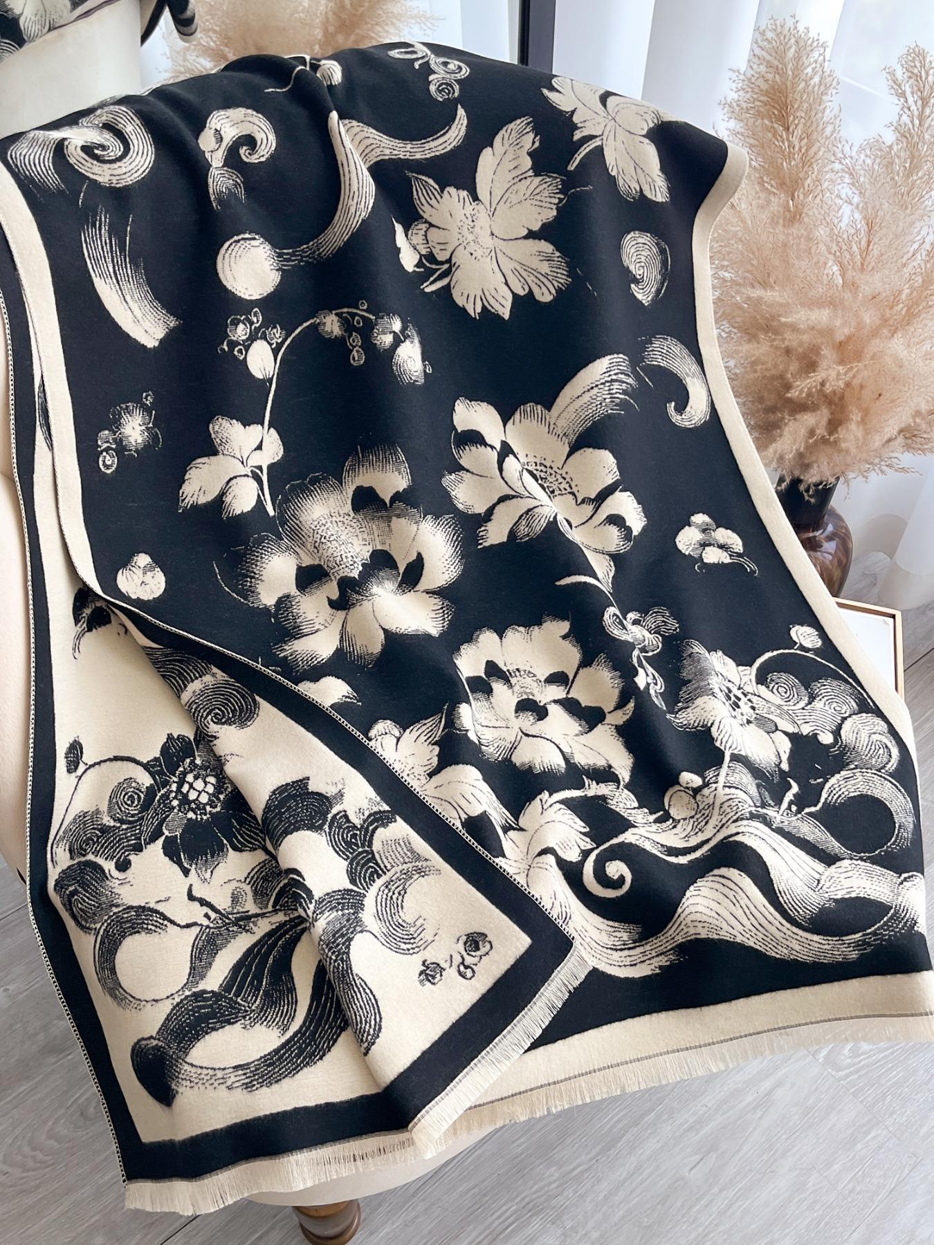 Women's Floral Pattern Raw Trim Shawl, Girlfriend Gifts, Imitation Cashmere Long Scarf, Casual Soft Warm Thick Double Sided Scarf for Fall & Winter, Fashion Accessories for Daily Wear