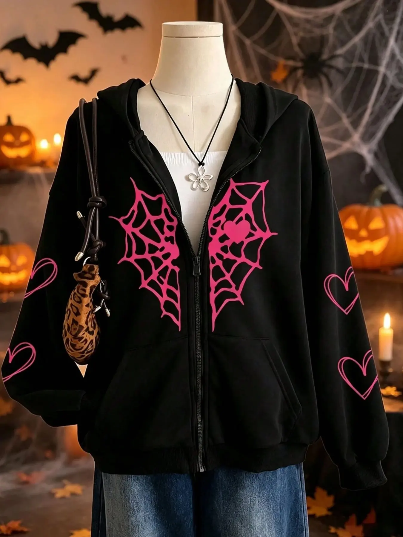 Women Zip Up Hoodie Y2K Gothic Pink Spider Web Heart Print Oversized Long Sleeve Jacket For Halloween Street Daily Wear Fleece-lined