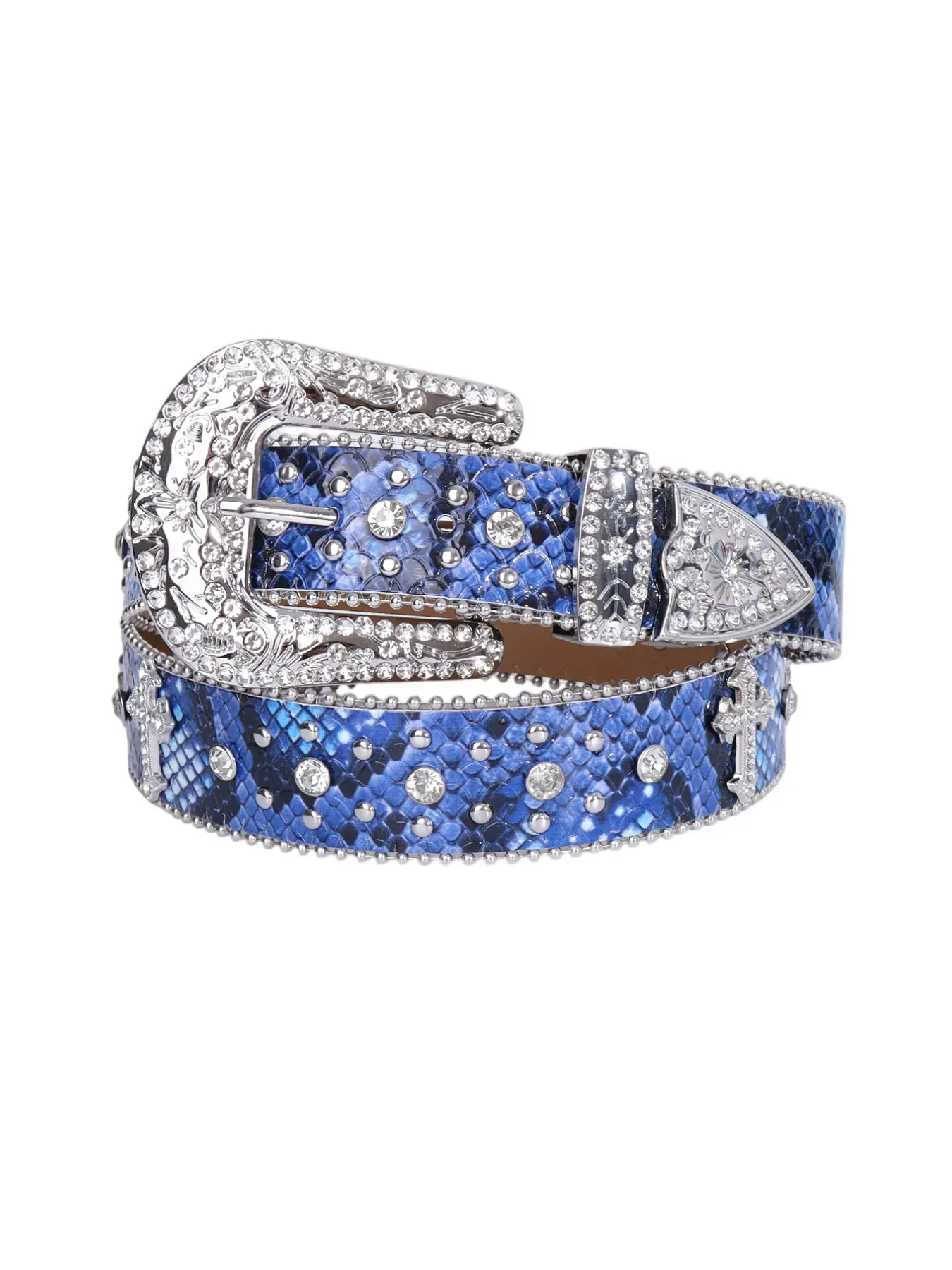 Shiny Blue Snake Skin Studded Cross Belt, Western Rhinestone Belt, Punk Snakeskin Print, Y2K Gothic Cowboy Waist Strap, Unisex Bling Accessory for Parties