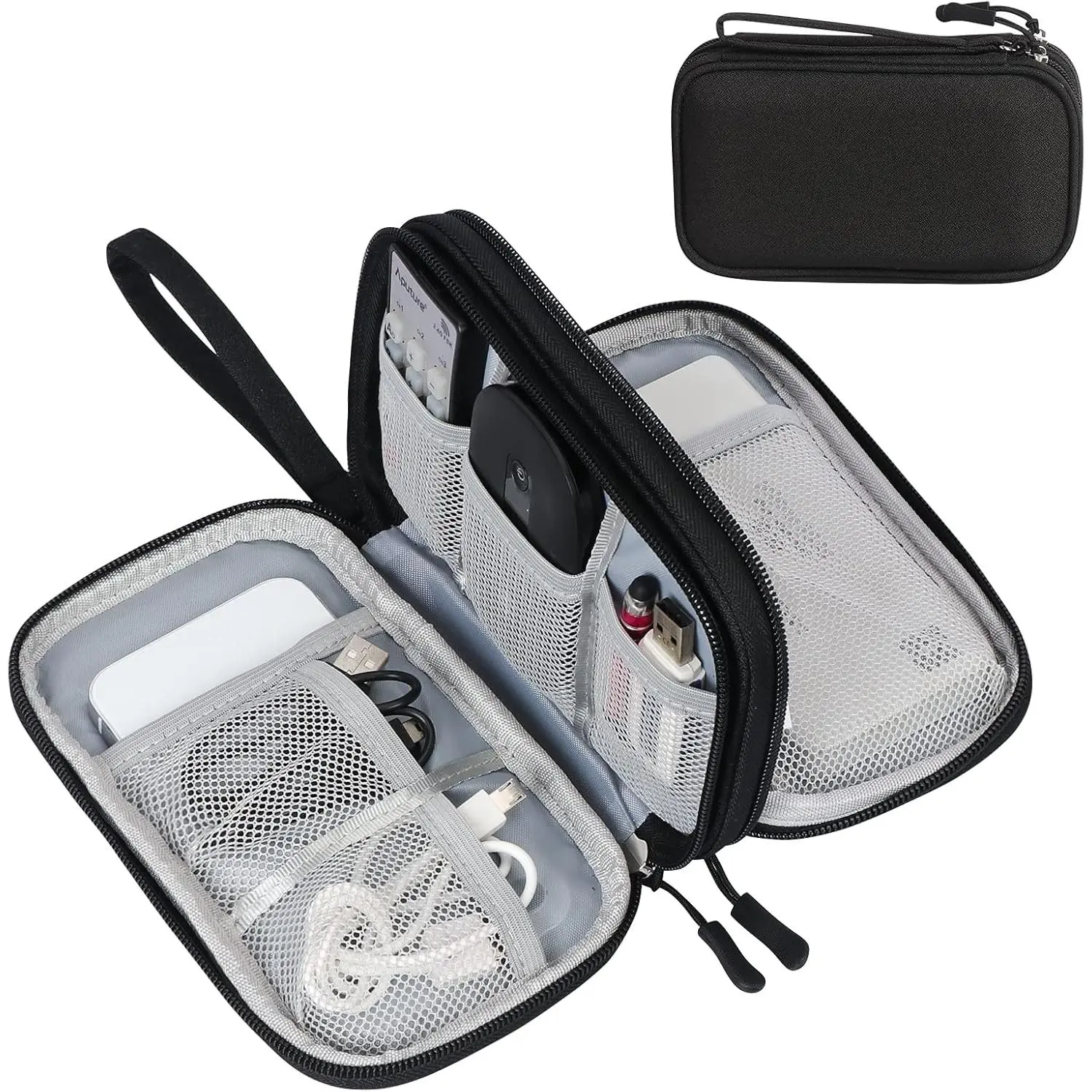 Black Travel Cable Organizer Pouch, Waterproof Double Layers Electronic Accessories Storage Bag, Portable All-in-One Carry Case for Cords, Charger, Phone, Earphone & Small Gadgets