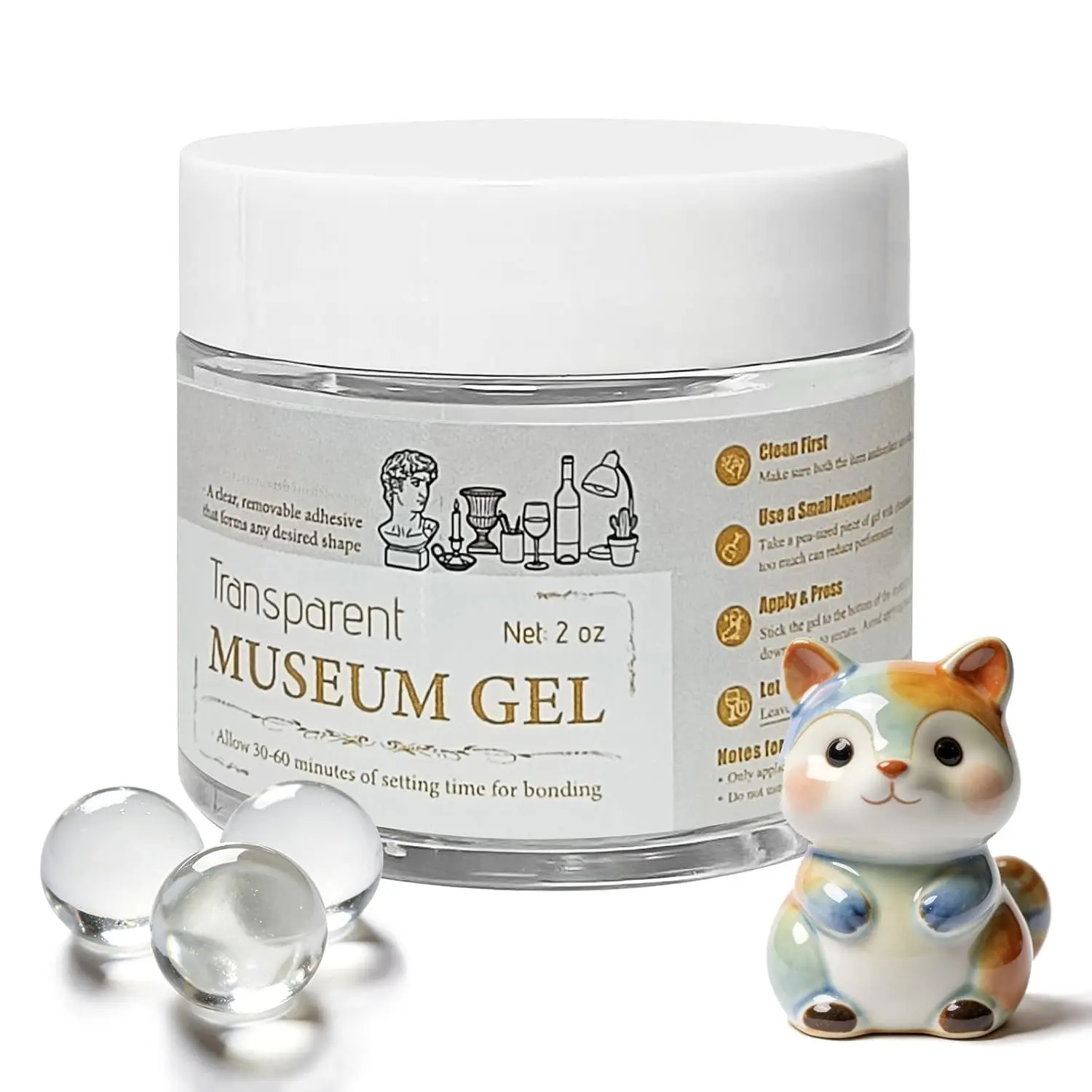 1.8oz Transparent Museum Gel, Clear  Exhibit Fixing Putty – No  Adhesive for Artifacts, Prevents Vibration & Falling, Suitable for Metal, Ceramic, Glass, Plastic Display