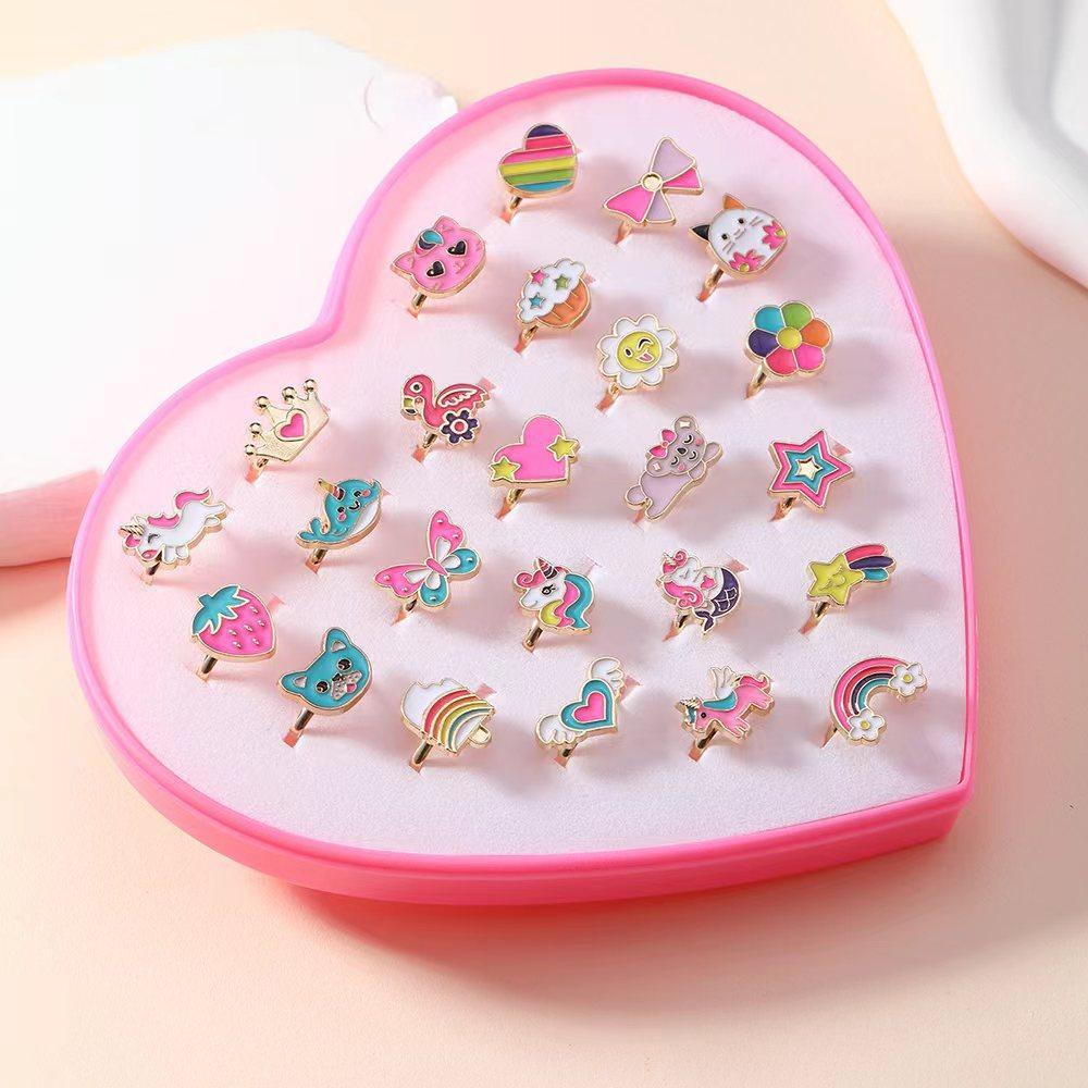 Heart Shaped Gift Box with Ring Set, Stackable Rings, 24pcs/set Cute Colorful Cartoon Design Ring, Party Gift for Girls