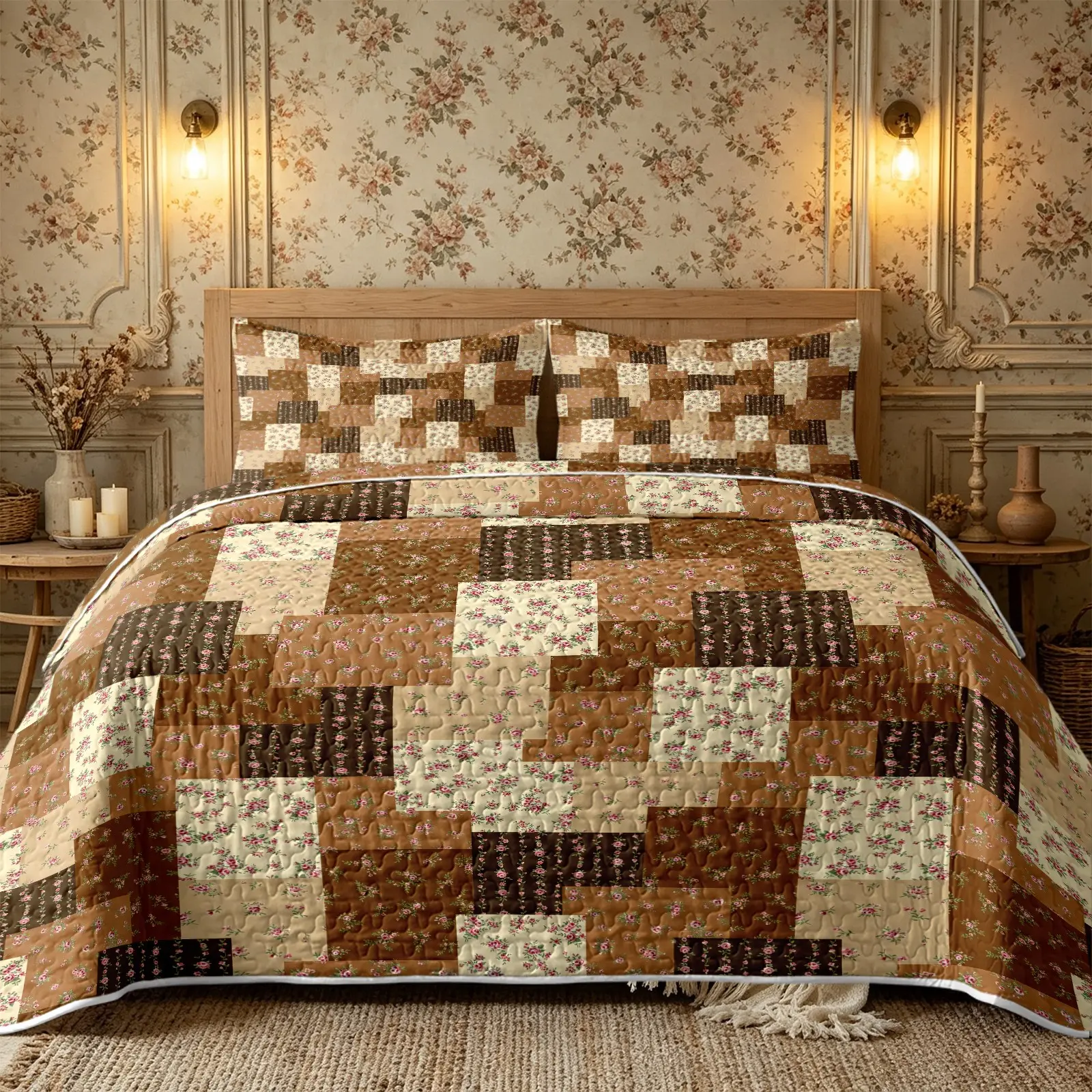 3Pcs Vintage Brown Floral Patchwork Quilt Set Bedspread Includes 1 Quilt and 2 Pillowcases Brown Tone Scrap Patchwork Design Covered With Light Pink Mini Roses Retro Country Farmhouse Style Reversible Lightweight Bedding No Inner Filling All Season