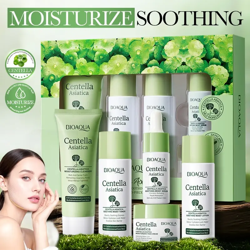 BIOAQUA Centella 5-Piece Travel Skincare Set - Hydrating Cleanser, Toner, Serum, Face Cream, Lightweight Lotion for Daily Calming, Moisturizing Care, Soothing, Morning Routine, All Skin, Daily Care, Moisturizer, Hydrate, Unisex, Centella Asia