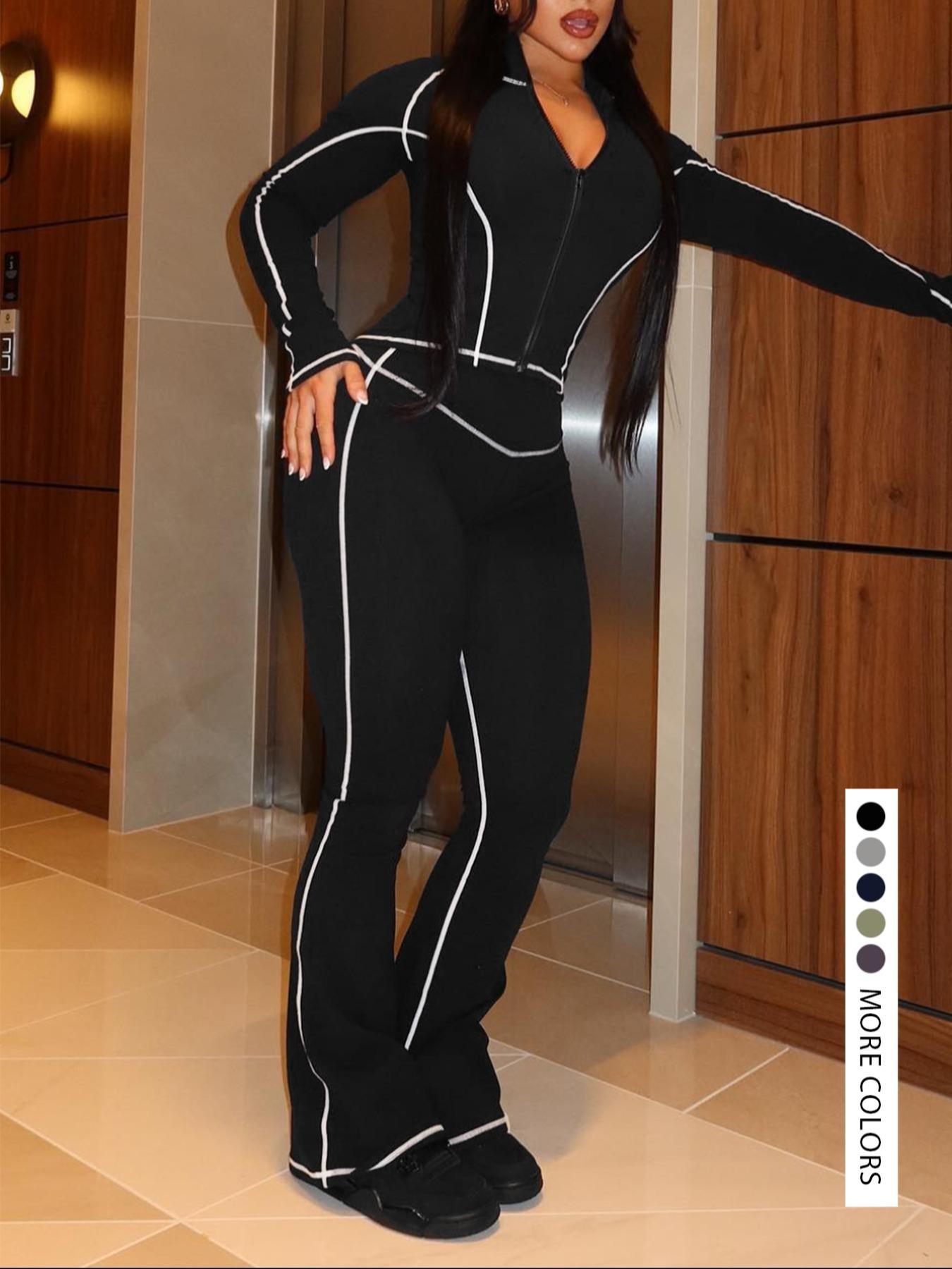 【LovelyWholesale】2026 FIFA World Cup Campaign Two-piece Set Women's Striped Zip Up Jacket & Pants, Street Fashion Streetwear Long Sleeve Outerwear & High Waist Trousers for Daily Wear, Ladies Spring  Clothes, Womenswear Perfect for All Seasons