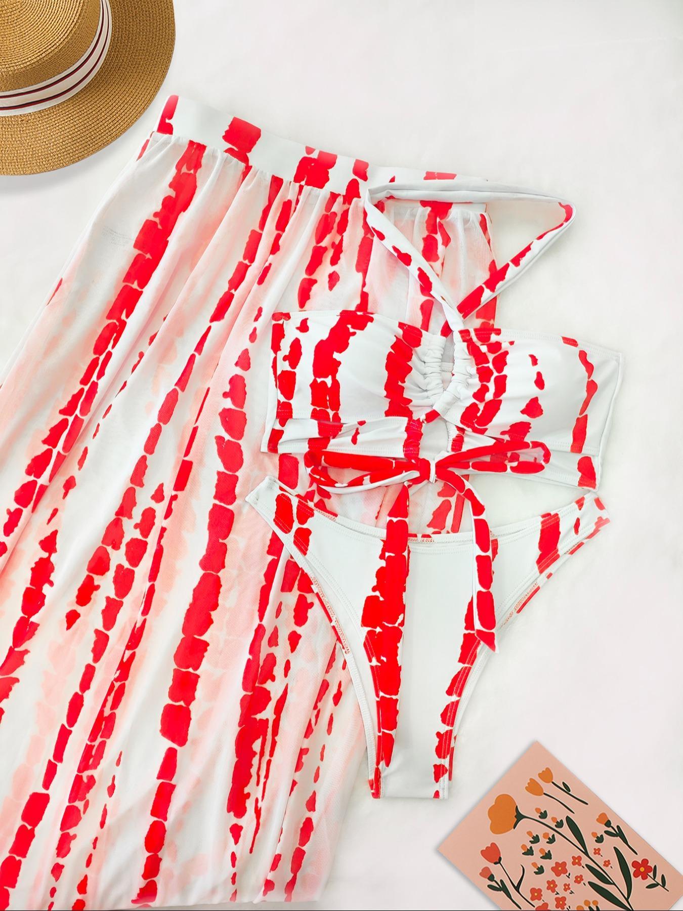 Three-piece Set Women's Tie Dye Print Criss Cross Swimsuit Set, Boho Halter Neck Bra & Split Thigh Skirt & High Cut Panty Set, Ladies Summer Swimsuit Set, Summer Beach Bikini, Beach Bikini Set, Halter Bikini Sets