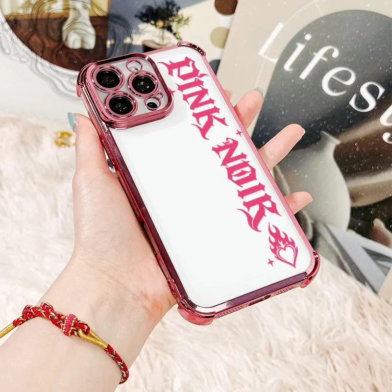 Pink Noir Gothic Letter Phone Case, Y2K Flame Heart Clear Bumper Style for iPhone 17 16 15 14 13 12 11 X Plus Pro Max, Shockproof Gift for Women and Girls