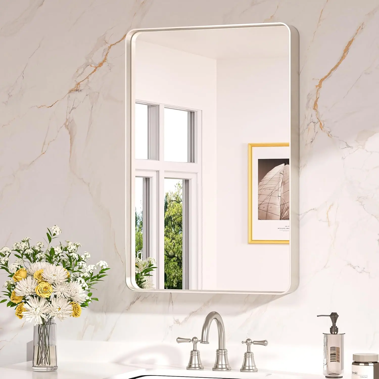 20 x 30 Inch Brushed Nickel Bathroom Mirrors for Over Sink, Rounded Rectangle Silver Bathroom Vanity Mirror, Farmhouse Mirror for Wall, HD Tempered Glass, Anti-Rust Aluminum Alloy Mirror