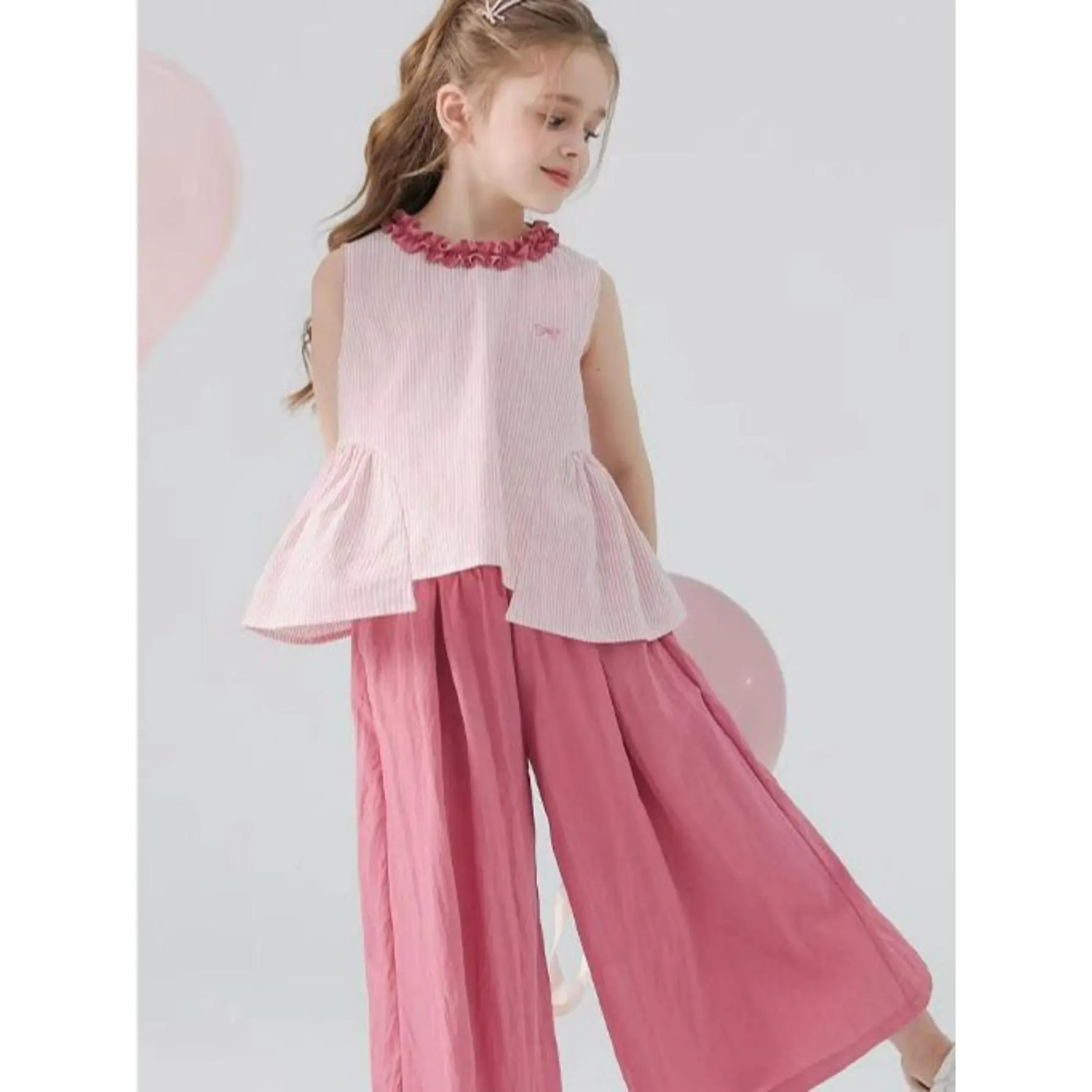 2026 Summer New Girls' Sweet Pink Outfit - Striped Tank Top & Straight Leg Pants 2pcs Set, Perfect for Outdoor