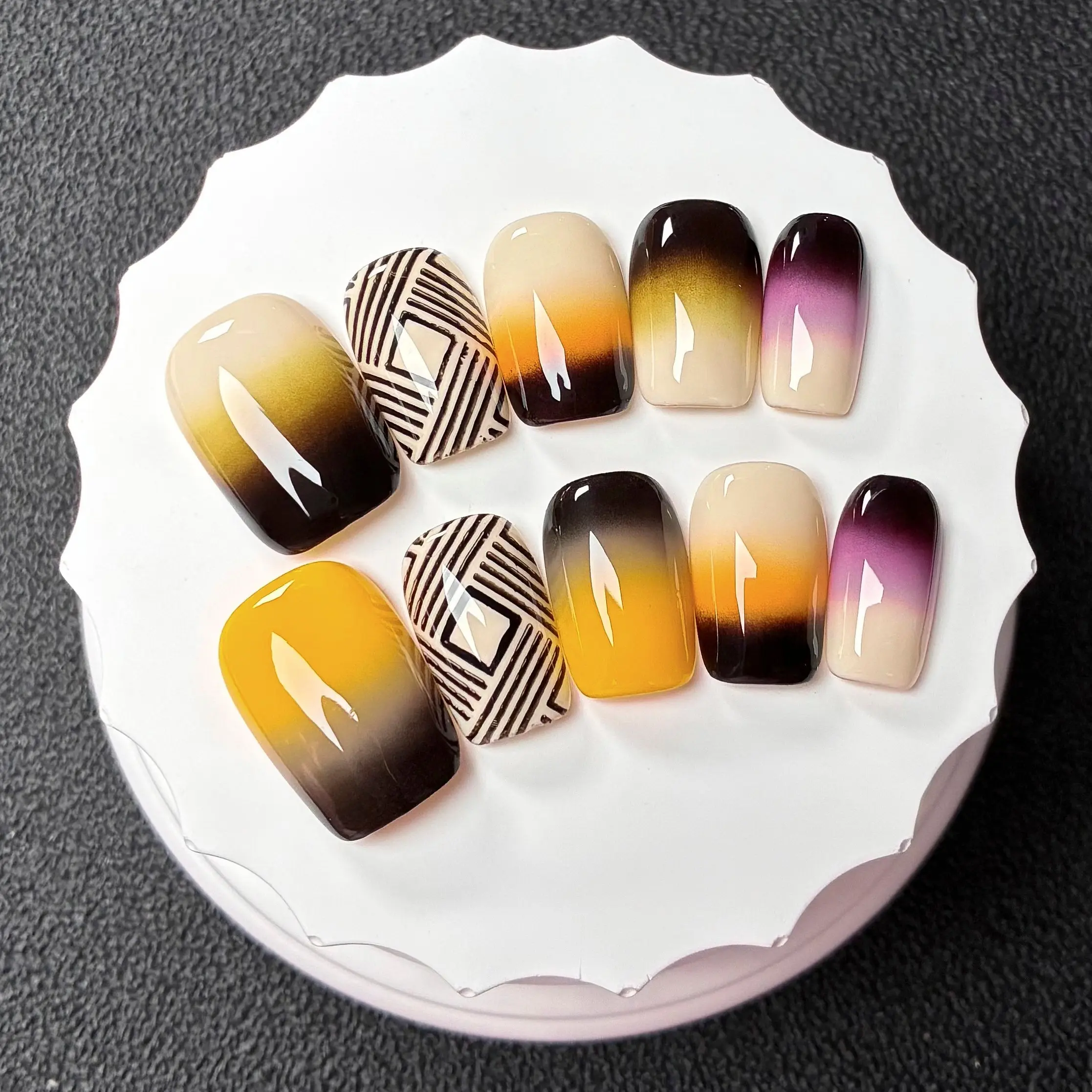 Minimal Sunset Dusk Gradient Aesthetic Press On Nails | Short Square, 10pcs, Warm sunset ombre nails with geometric lines & orange purple color blend, great for outdoor live shows, lake sunset picnics & gallery visits, thin premium fit, damage-free