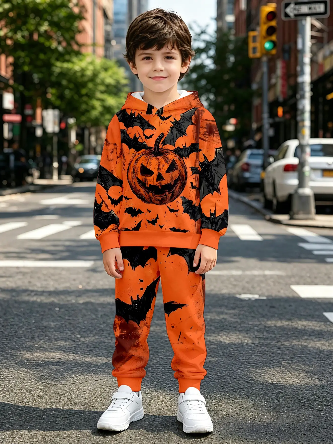 Boys' Halloween Theme Sweatshirt and Pants Set, Block Vintage Style, Soft Fabric, All Seasons, Perfect Gift