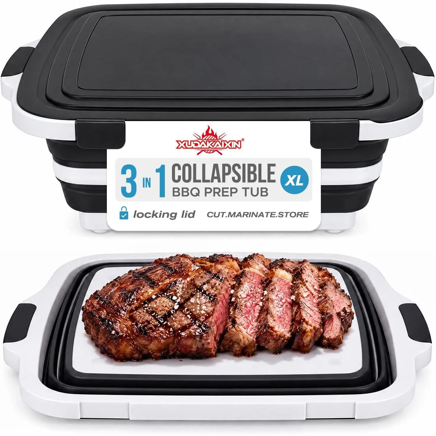 XL Collapsible BBQ Prep Tub with Lid, Portable Meat Marinating Container