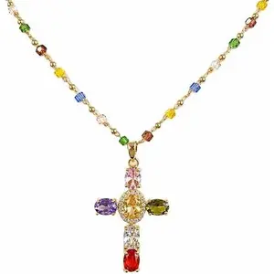 Women's Gold-Plated Colorful Gemstone Cross Necklace - Multi-Color Crystal Beaded Layering Chain, Baroque Crucifix Pendant, Luxury Costume Jewelry Gift
