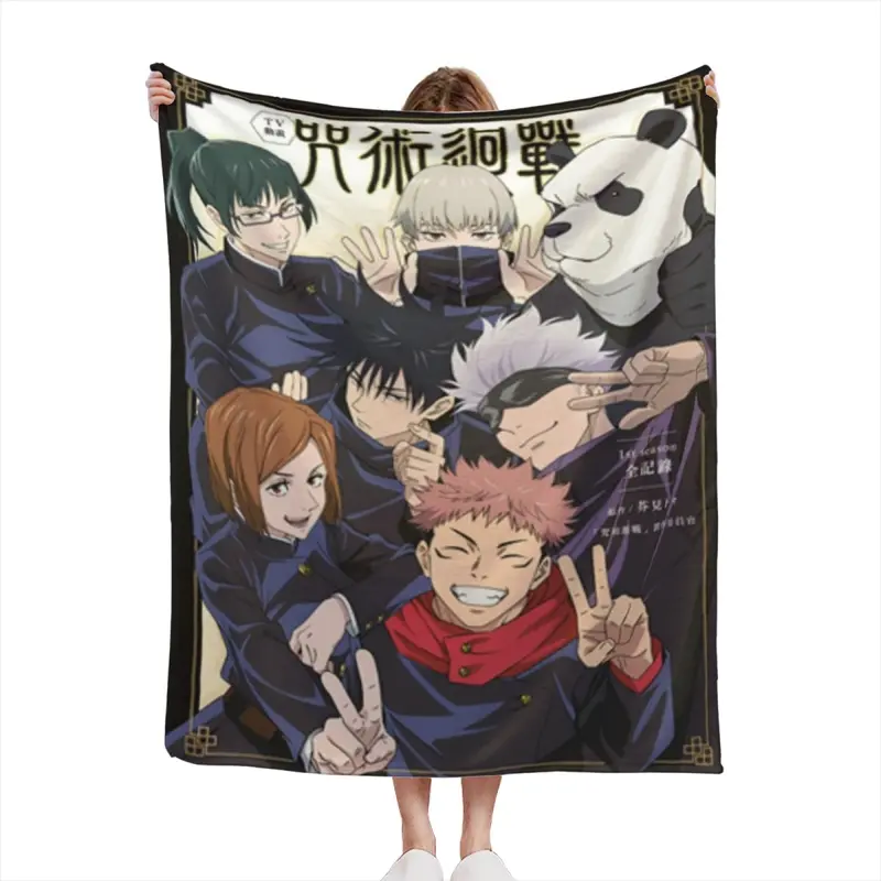 Comfortable Blanket Jujutsu Ka-isen Main Characters Group Selfies Art Throw Blanket Yuji Megumi Nobara Gojo Panda Soft Warm Microfiber Fleece Blanket Bed Couch Decor Inch