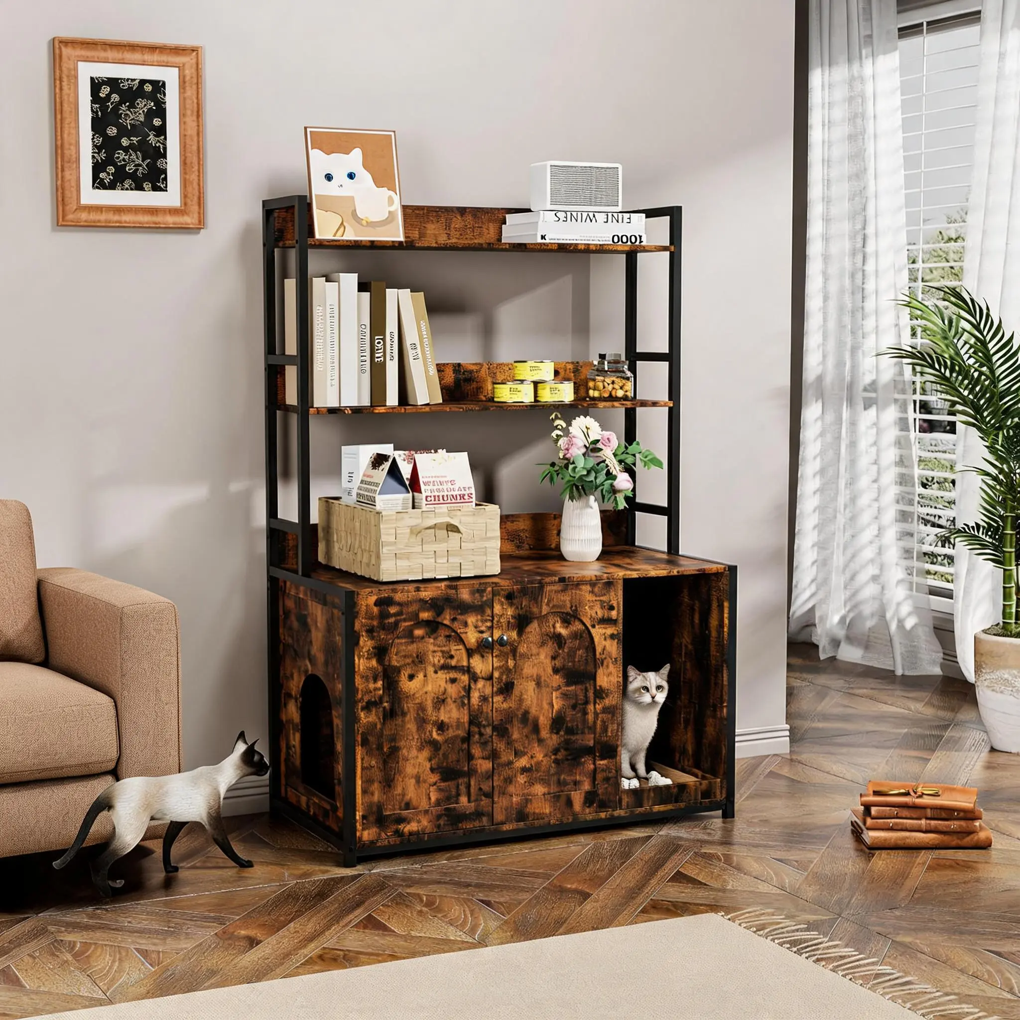 52" Hidden Setup Cat Litter Box Enclosure Cabinet with Double Doors, 2 Built-in Storage Shelves, Mark Pad, Multi-Purpose Pet Furniture for Living Room, Brown (Maximizes Storage Space)