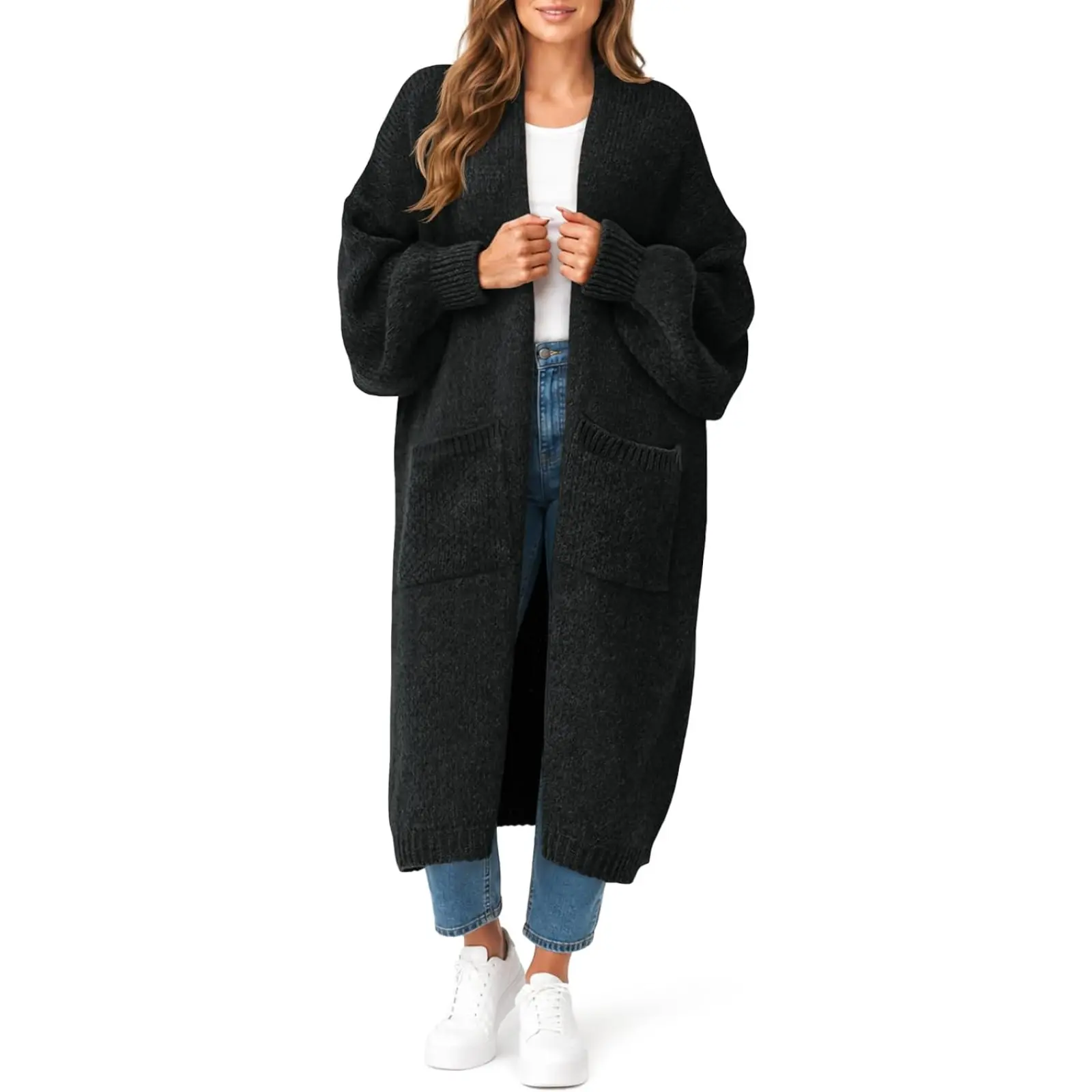 Saodimallsu Womens Oversized Long Cardigan Open Front Coatigan with Pockets | Chunky Knit Fabric, Slouchy Fit, Drop Shoulder Puff Long Sleeves, Long Sweater, Large Pockets, Fall And Winter Outfits