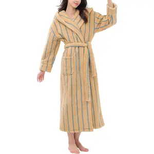 Wyeysyt Womens Fluffy Striped Robe Plush Bath Robe Winter Fleece Bathrobe Long Hooded Robe