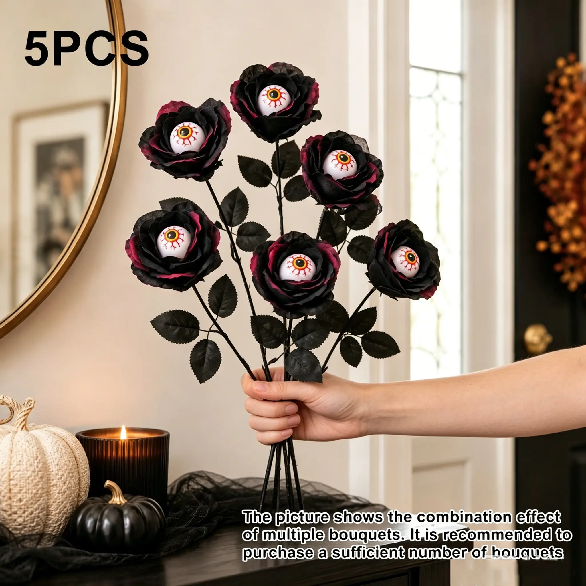 5pcs Halloween Artificial Flowers, Rose with Eye Center, Gothic Fake Roses for Party Decor, Haunted House Decoration, DIY Bouquets