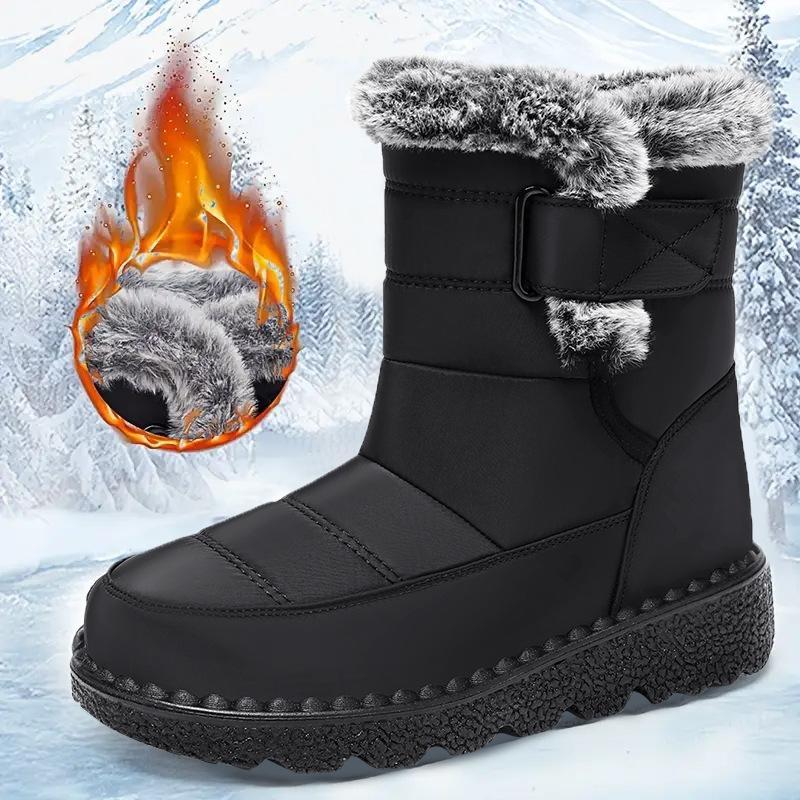 Winter Snow Boots for Women Fur Lined Warm Waterproof Slip On Booties with Breathable Fur Lining Slip Resistant Sole Black Oxford Cloth Upper Velcro Closure Outdoor Booties for Camping Walking SpringStatements