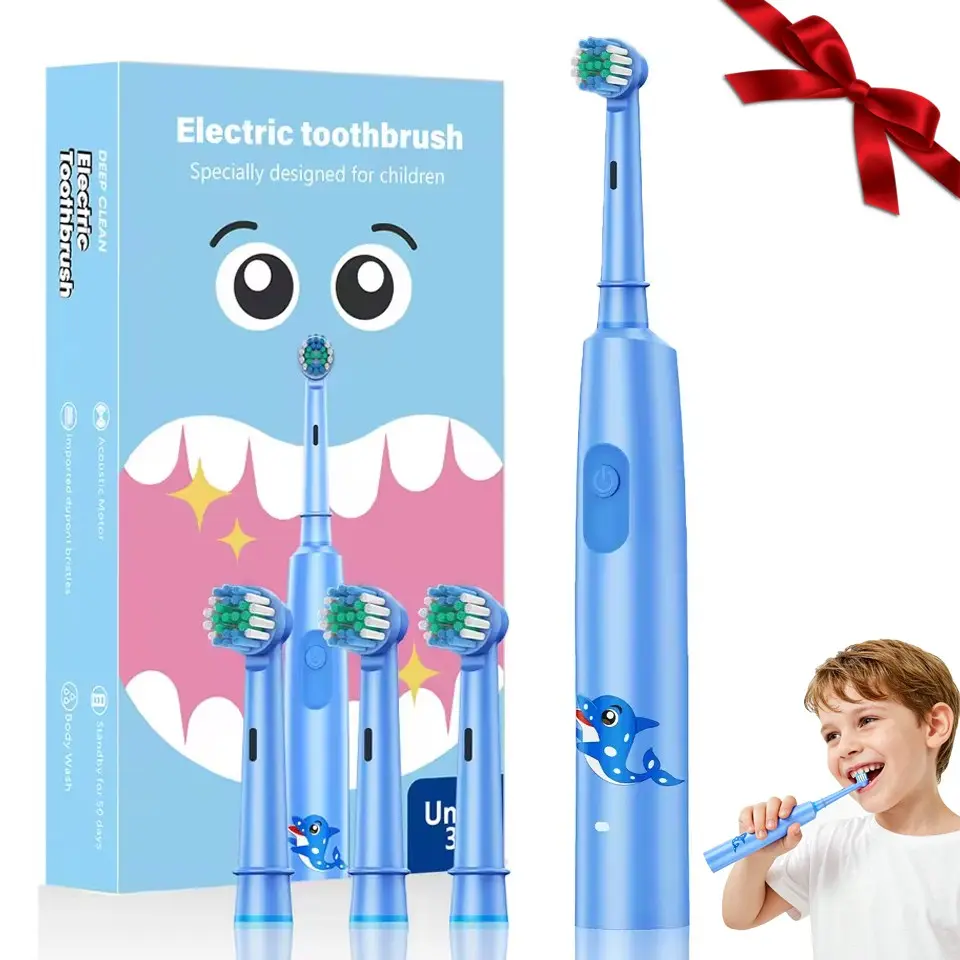 Kids Electric Toothbrush with 4 Replacement Brush Heads, Children's Electric Rotary Toothbrush with 3 Modes & 2 Mins Brushing Timer, Rechargeable Sonic Toothbrush, Fun Cartoon Design & Easy Cleaning for Girls Boys Toddlers Age 3+