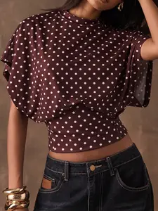 Viral Burgundy Polka Dot Oversized Sleeve Crop Top Y2K Aesthetic Round Neck Short Sleeve Casual Going OutCommuting New Year Top